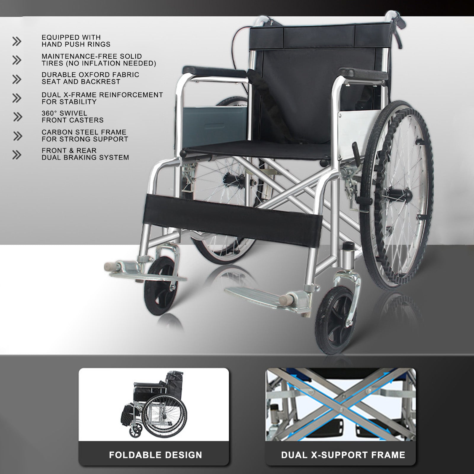 24-Inch Manual Wheelchair with Dual Brakes Carbon Steel Frame - Lightweight & Foldable for Easy Storage
