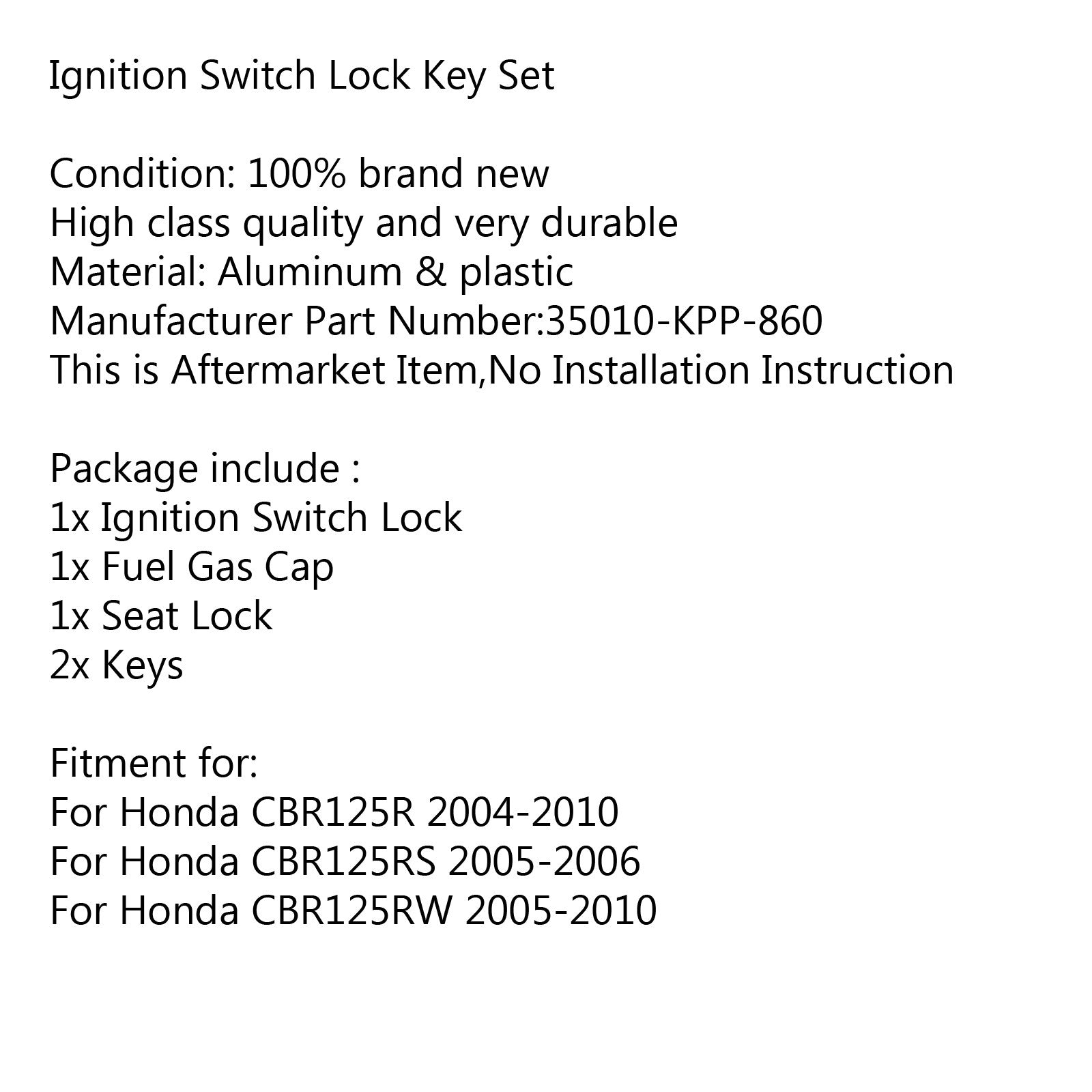Ignition Switch Fuel Gas Cap Seat Lock Key Set 35010-KPP-860 For Honda CBR125RS 2005-2006