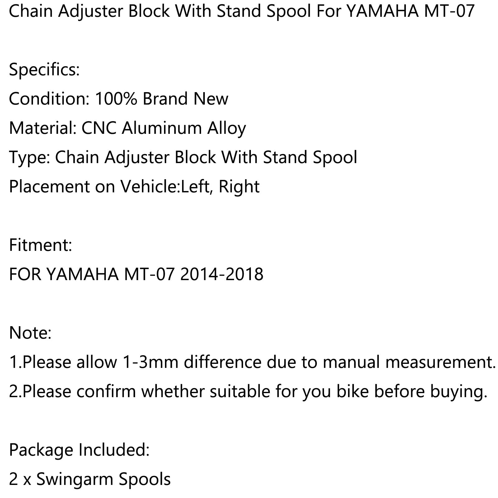 2014-2018 AMAHA MT-07 FZ-07 CNC Chain Adjuster Block W/Swingarm Spools Slider YGeneric