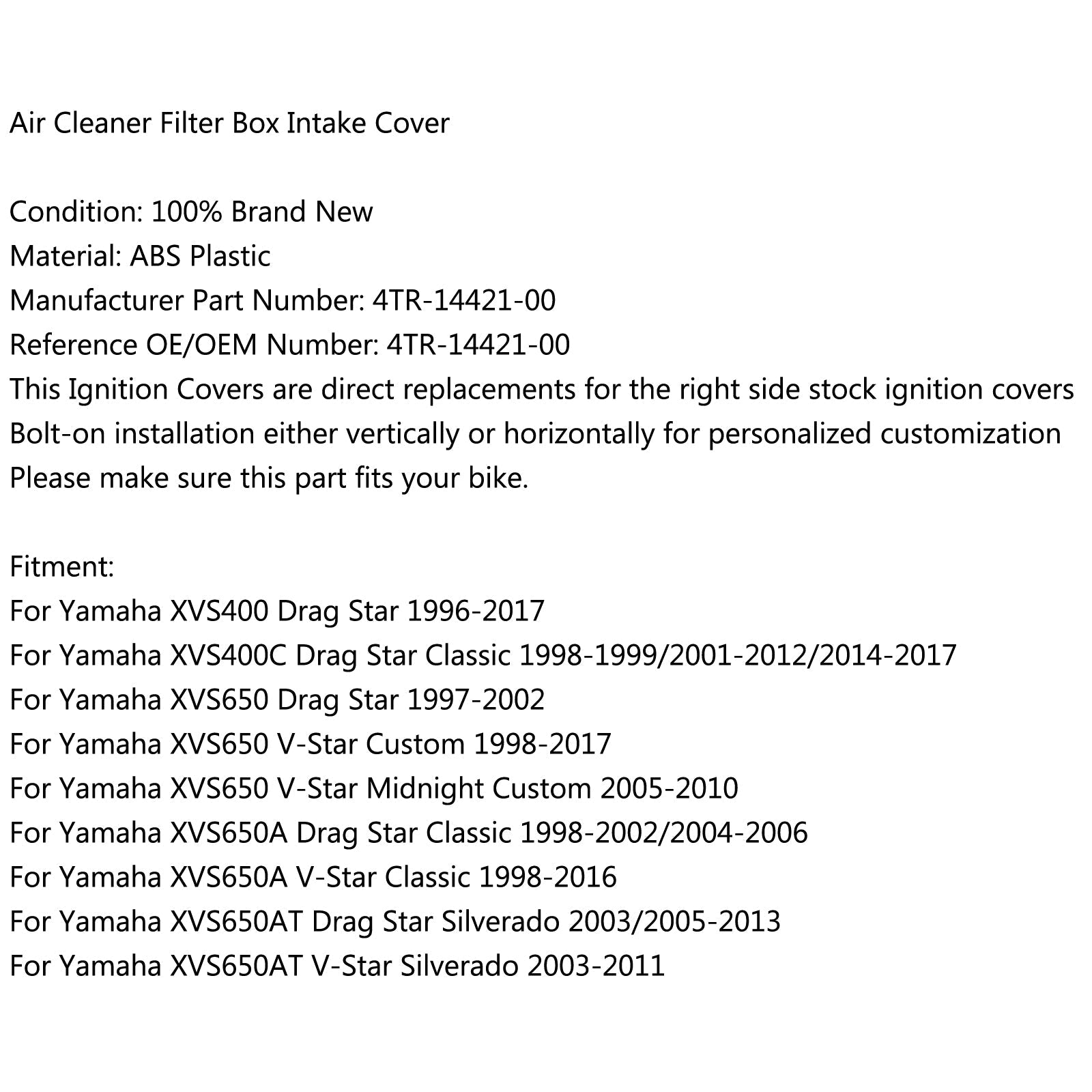 Air Cleaner Filter Cover For Yamaha Dragstar V-Star 650 XVS650 XVS650A Generic