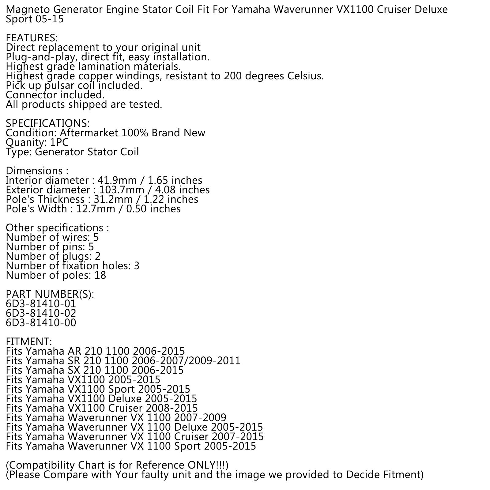 2006-2007/2009-2011 Yamaha SR 210 1100 Stator Generator 6D3-81410-01 6D3-81410-00 Generic