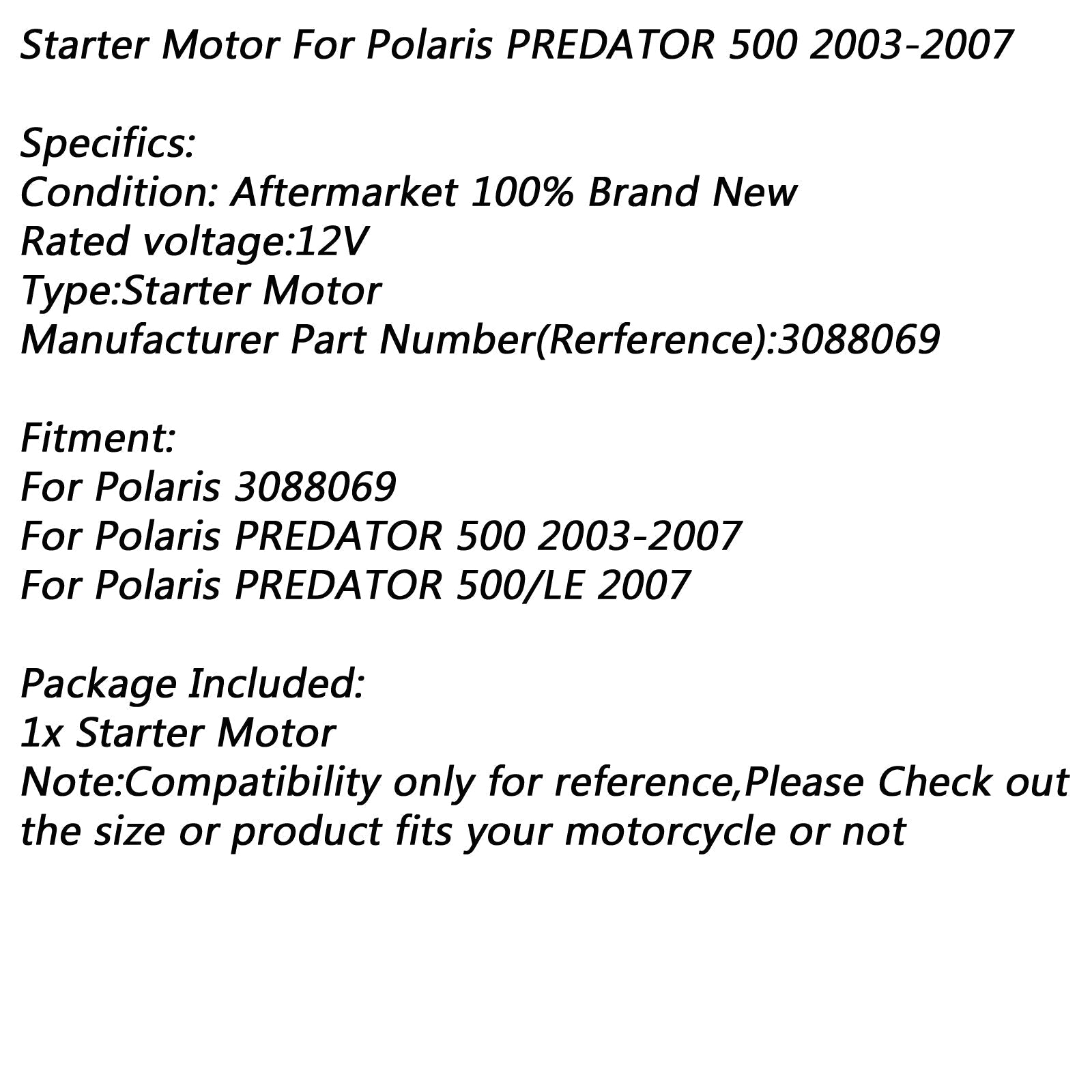2003-2007 Polaris PREDATOR 500 Electric Starter Motor 3088069 Generic