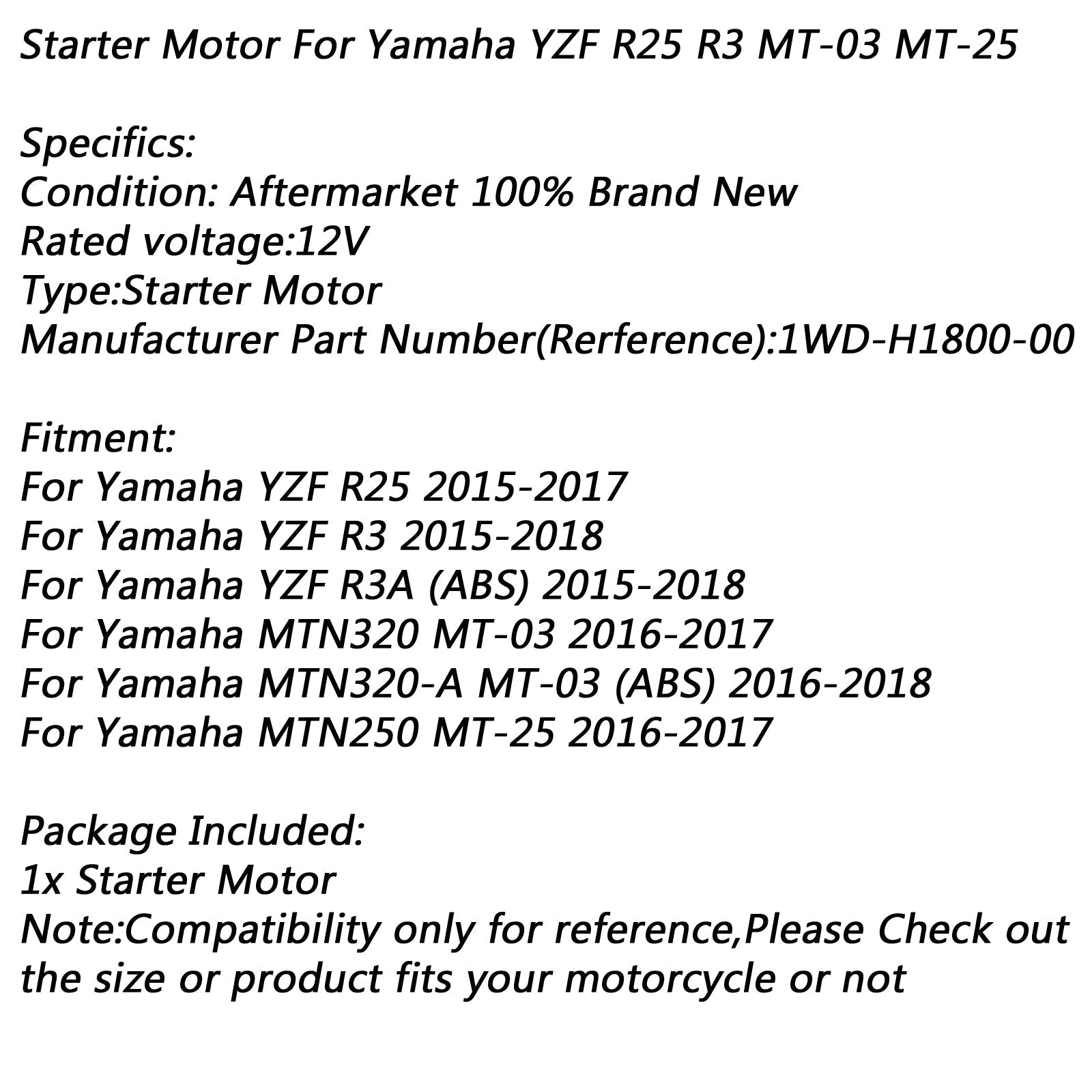 Electric Starter Motor for Yamaha YZF R25 15-17 R3 15-18 MT-03 2016-2017 MT-25 Generic