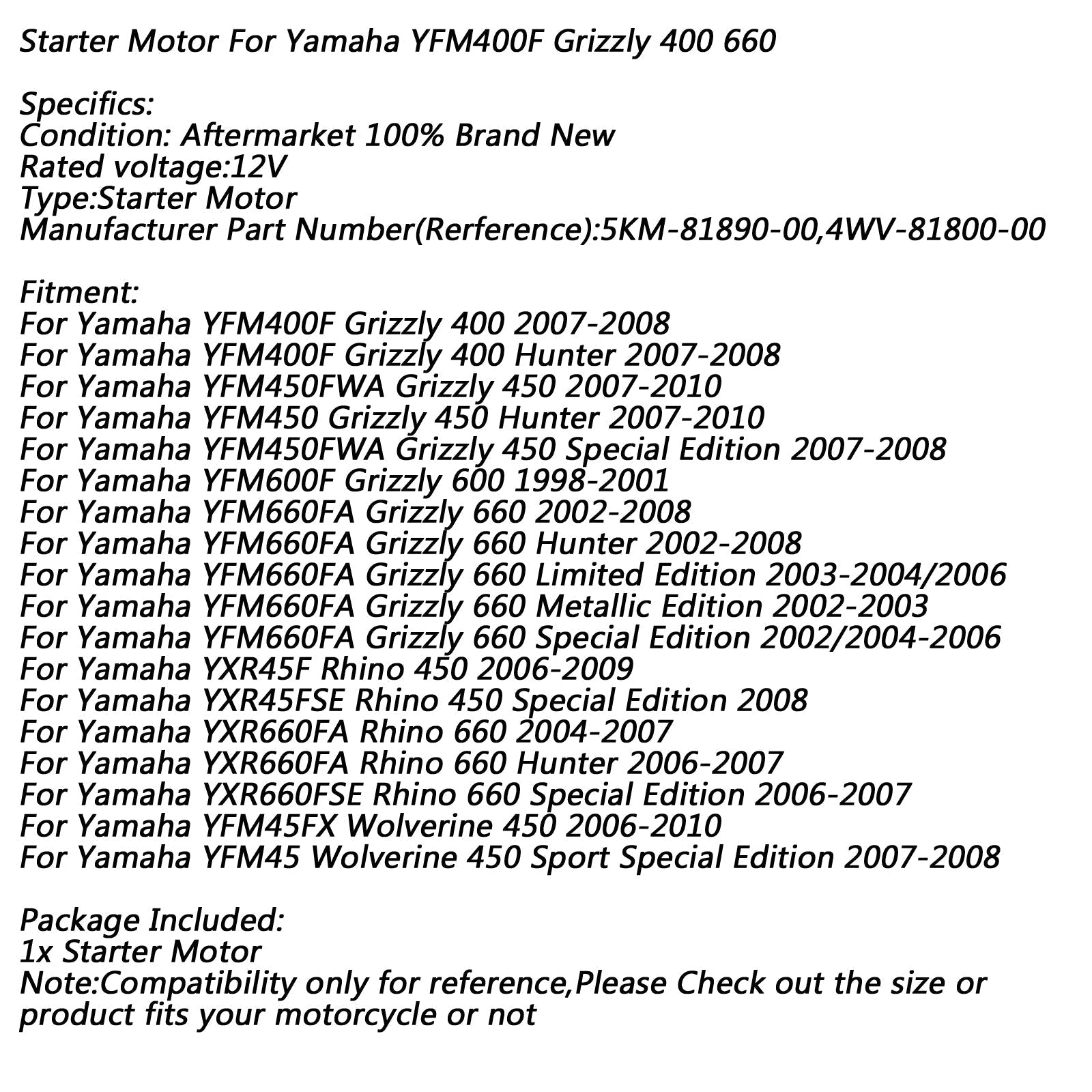2007-2008 Yamaha YFM450FWA Grizzly 450 Special Edition New Starter Engine Starting 9-Spline 4WV-81800-00-00