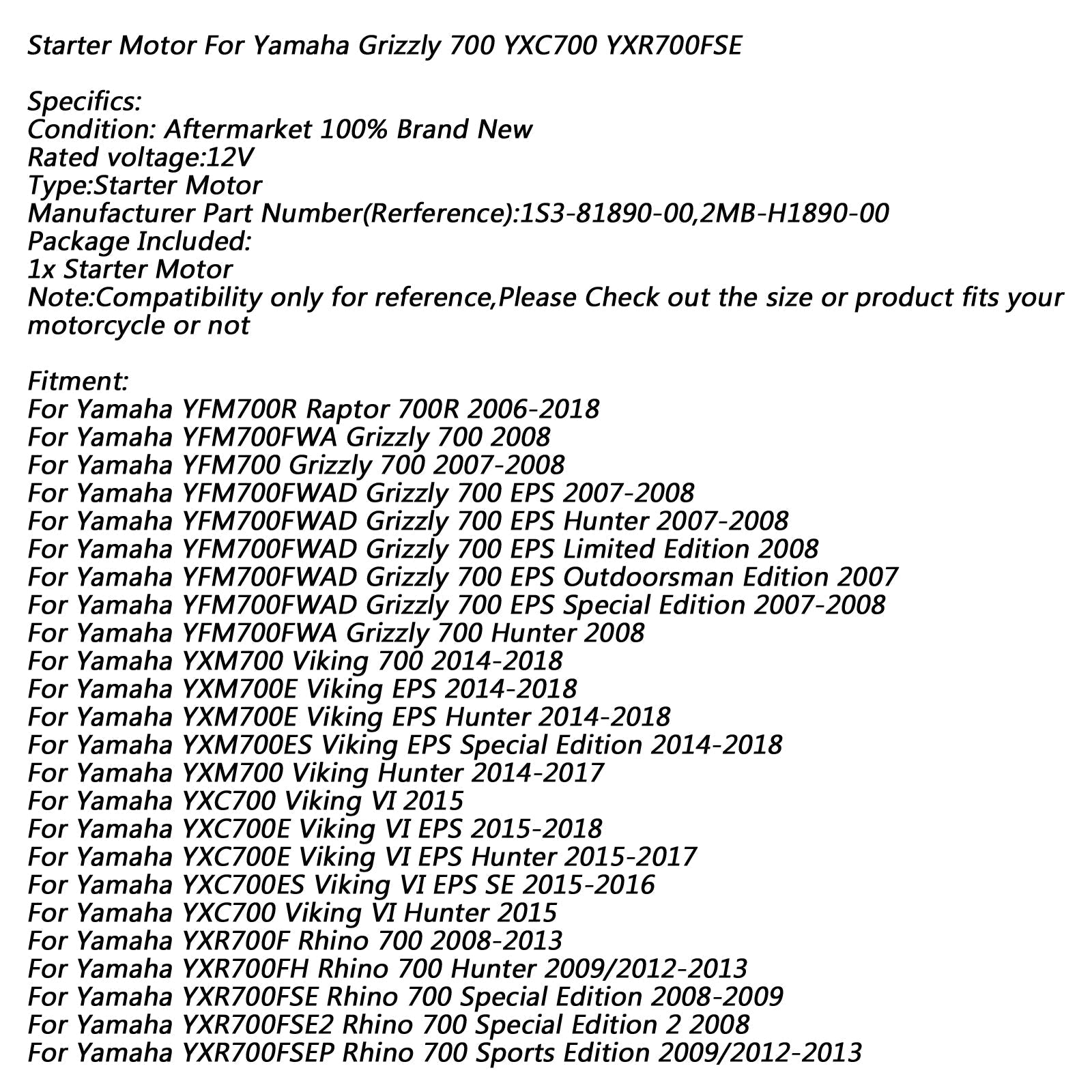 2014-2018 Yamaha YXM700ES Viking EPS Special Edition New Starter Engine Starting 9-Spline 1S3-81890-00-00
