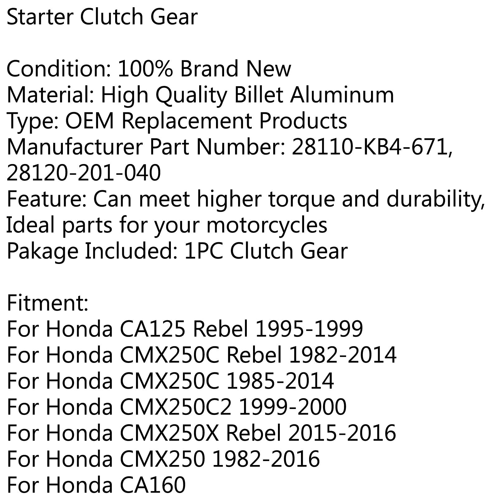 Freewheel One Way Bearing Starter Clutch For Honda CA 125/175/ CB/CMX 250 CM185T Generic