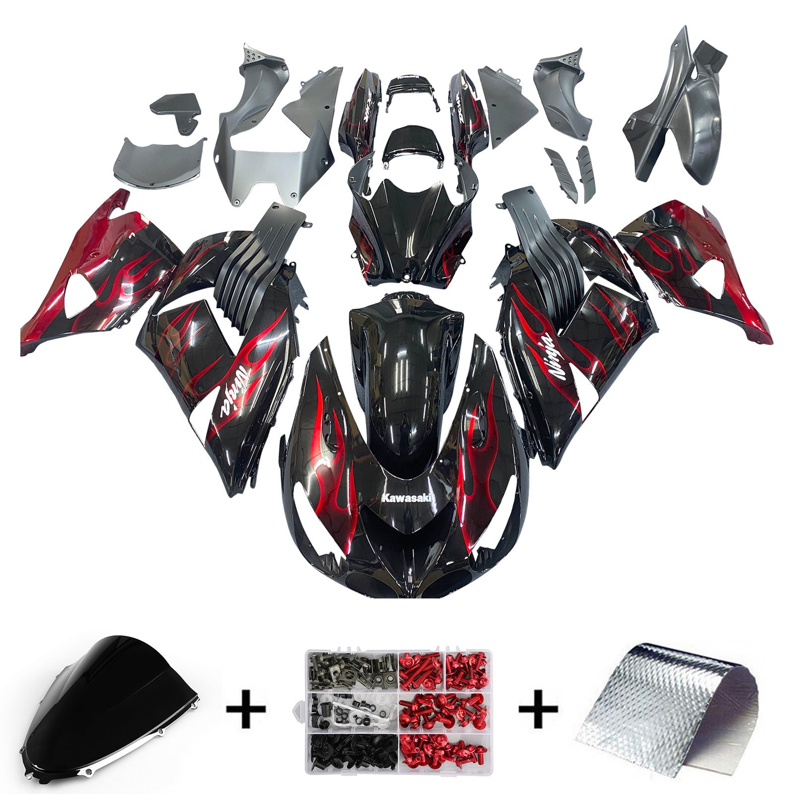2006-2011 Ninja ZX14R Black & Red Flame Bodywork Fairing ABS Injection Molded Plastics Set 2# Generic