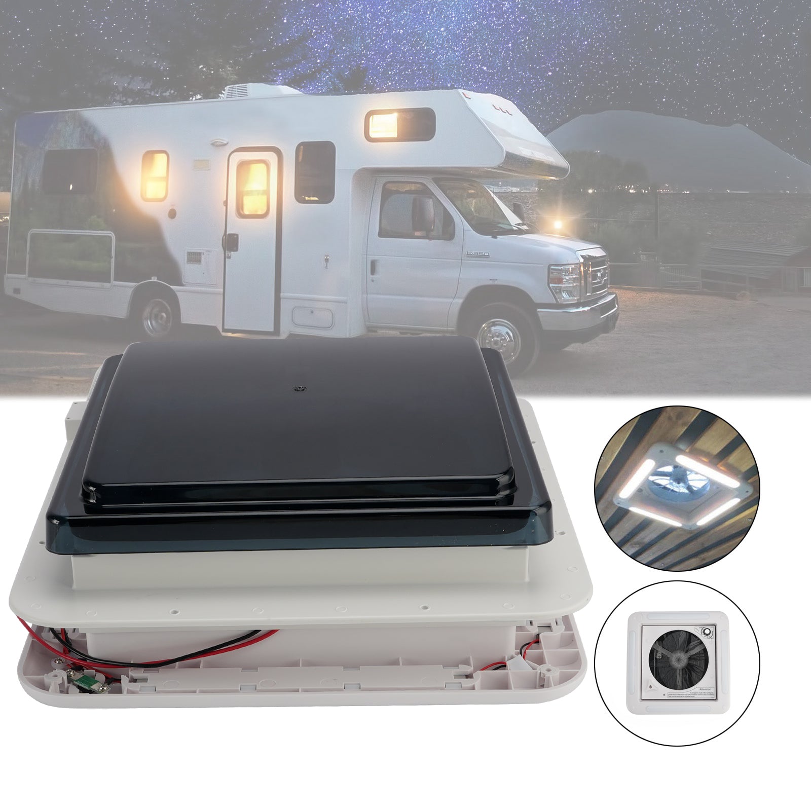 11" RV Caravan Roof Vent 3-Speed Motor RV Fan 12V Skylight With LED Light