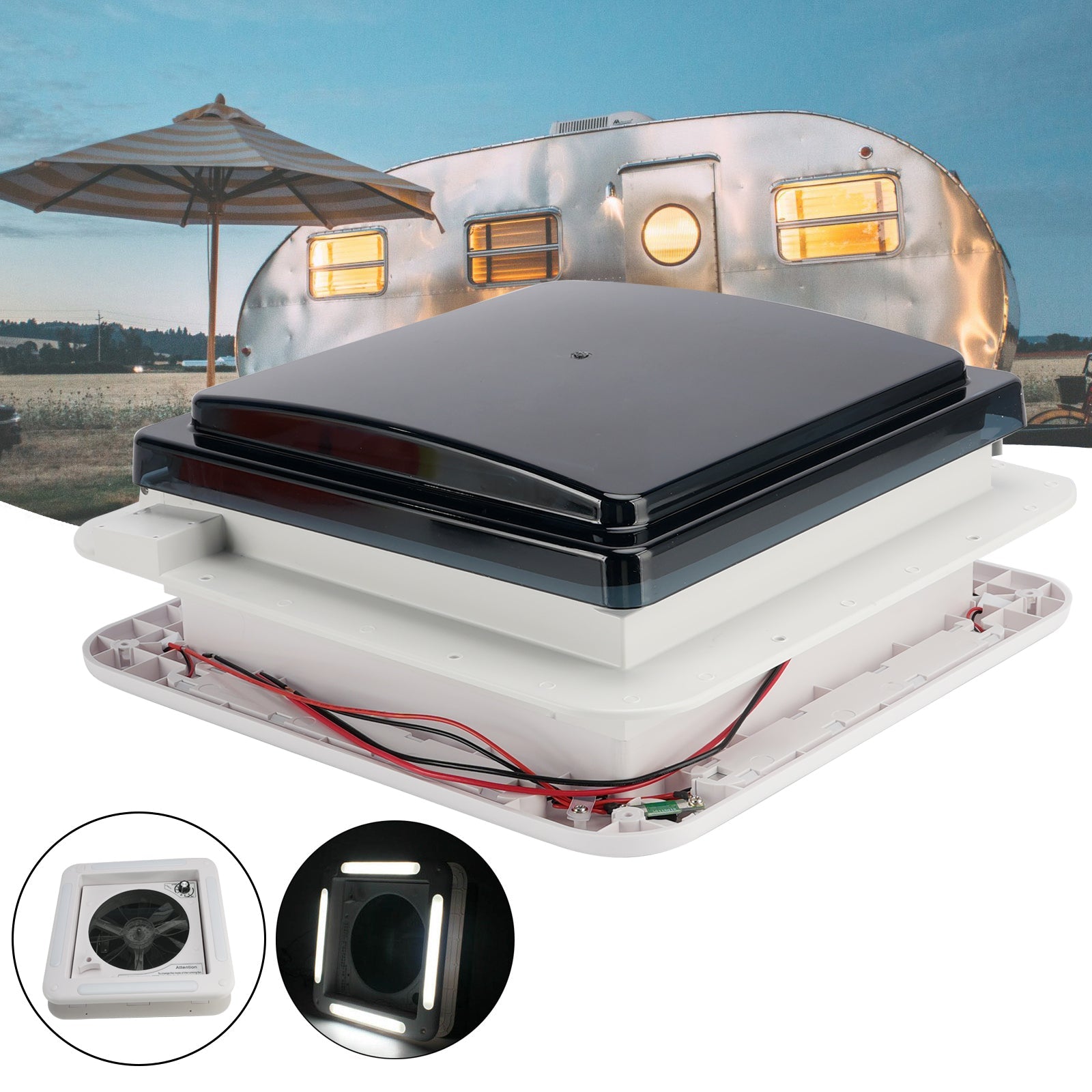 11" RV Caravan Roof Vent 3-Speed Motor RV Fan 12V Skylight With LED Light