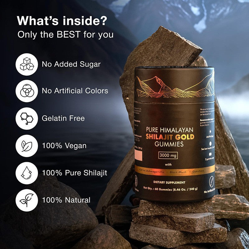Pure Himalayan Shilajit Gold Gummies – 3000mg ,100% Vegan, Gelatin-Free, No Added Sugar ,Natural Energy & Detox Support