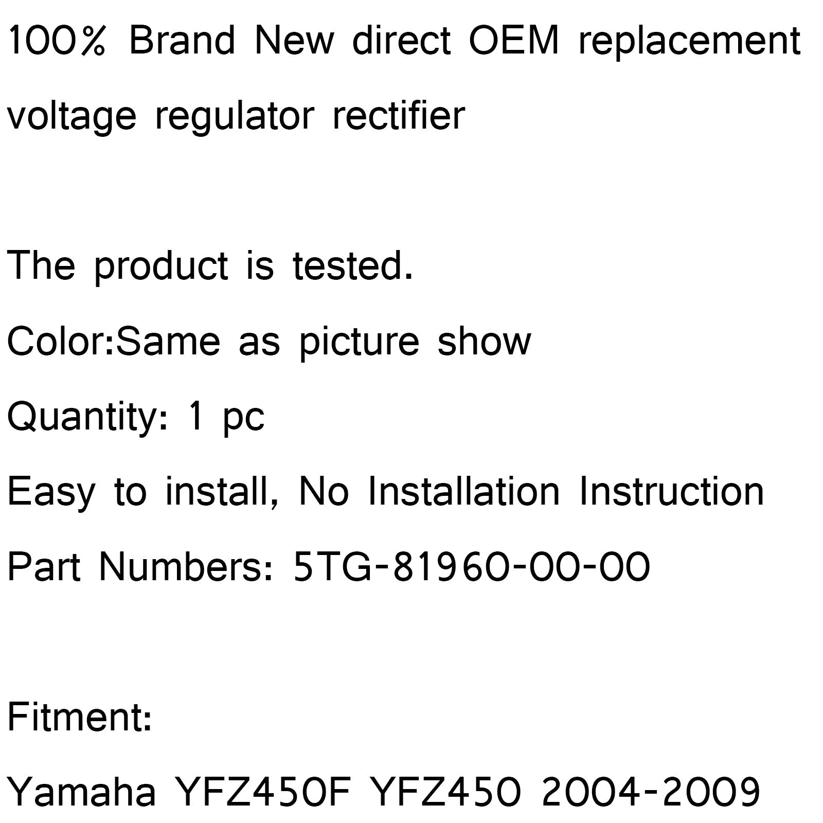 2004-2009 Yamaha YFZ450F YFZ450 Voltage Regulator Rectifier 5TG-81960-00-00 Generic