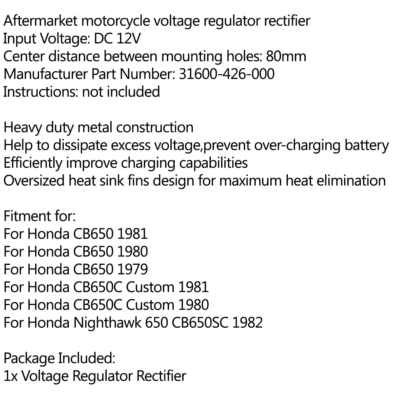 Voltage Regulator Rectifier 31600-426-000 For Honda CB650 Nighthawk 650 1982 Generic