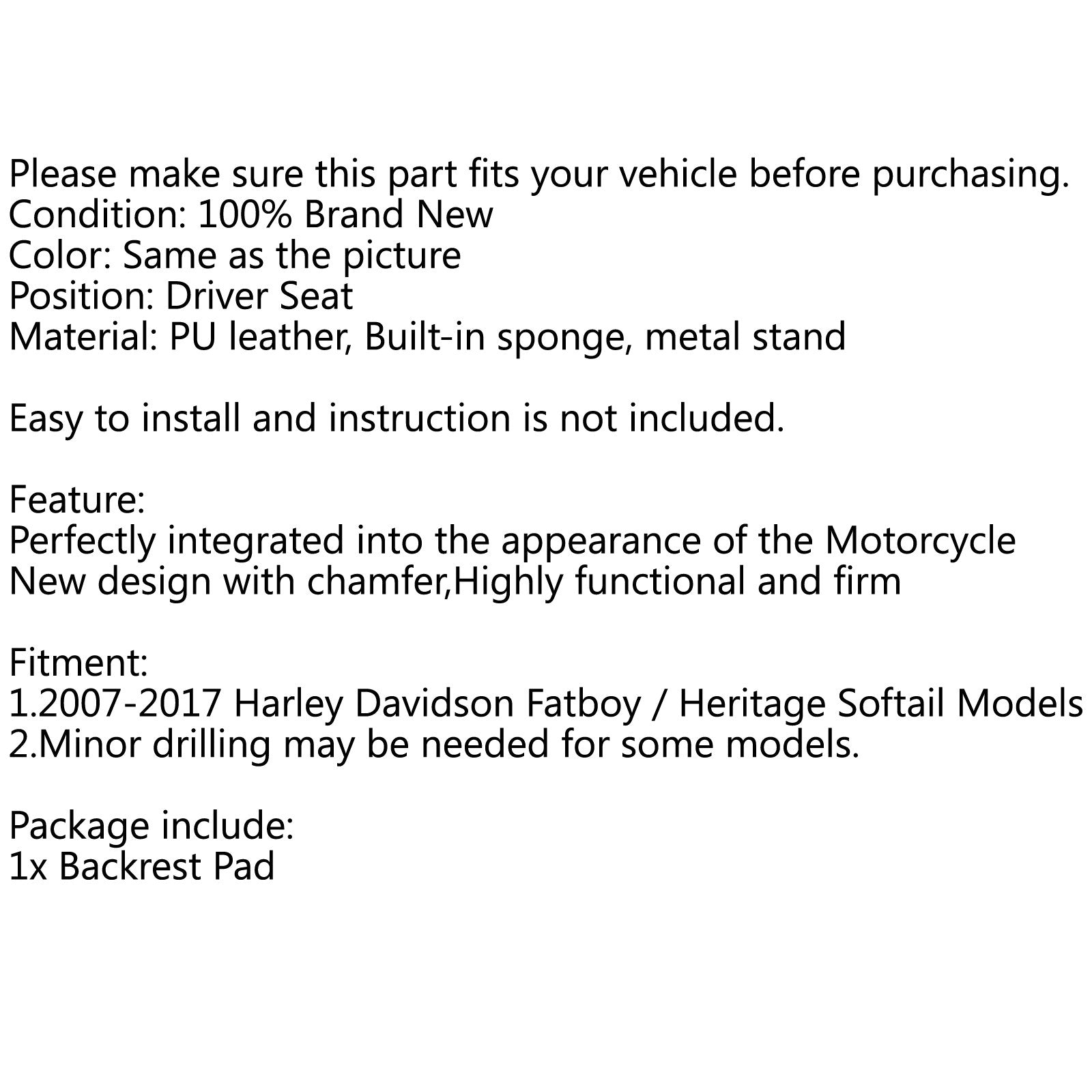 2007-2017 Adjustable Driver Rider Backrest Pad For Harley Fatboy Heritage Softail Generic