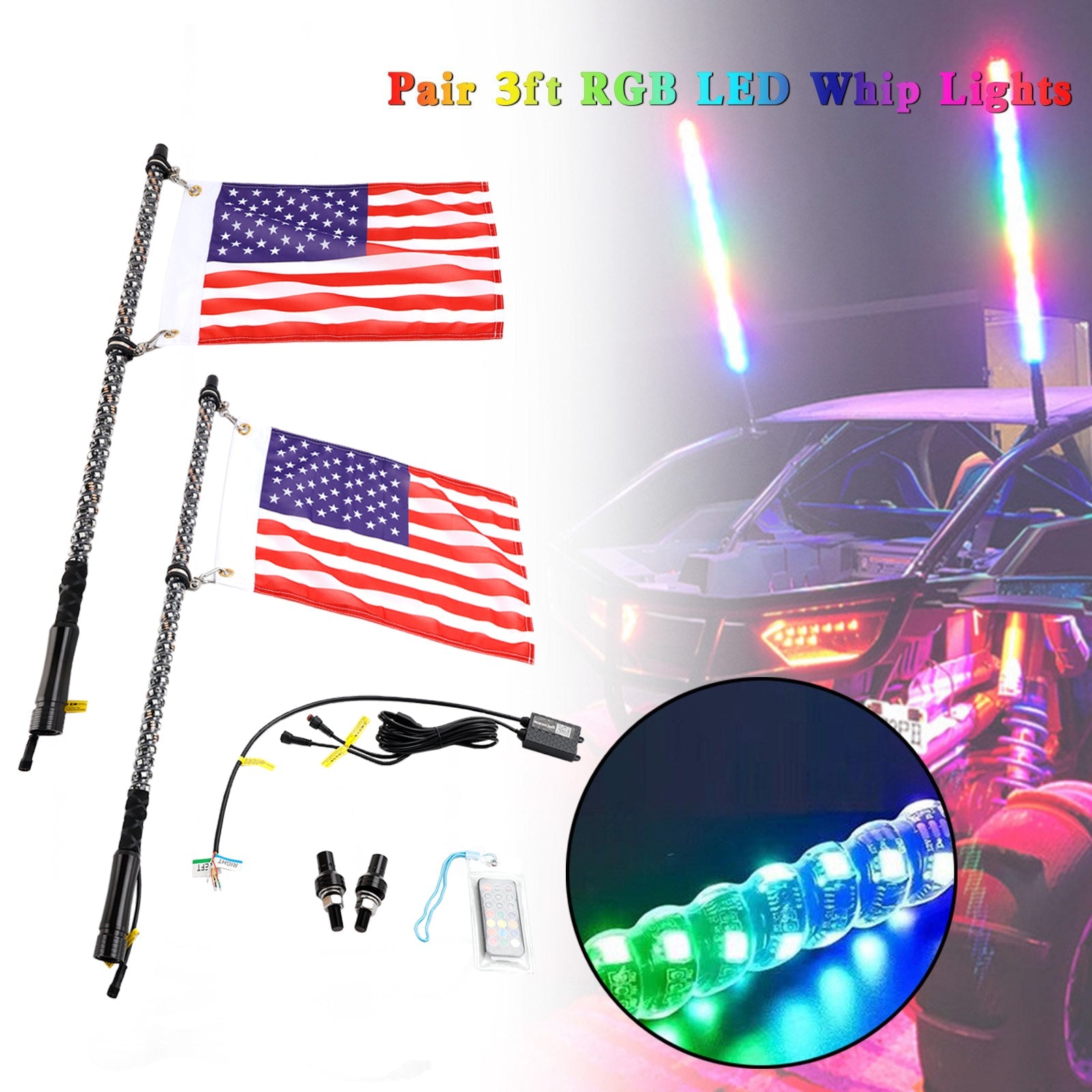 RZR Offroad Jeep Rhino Sandrail Canam Buggy UTV 2X 3ft RGB LED Whip Lights Antenna W/ Flag Remote Control