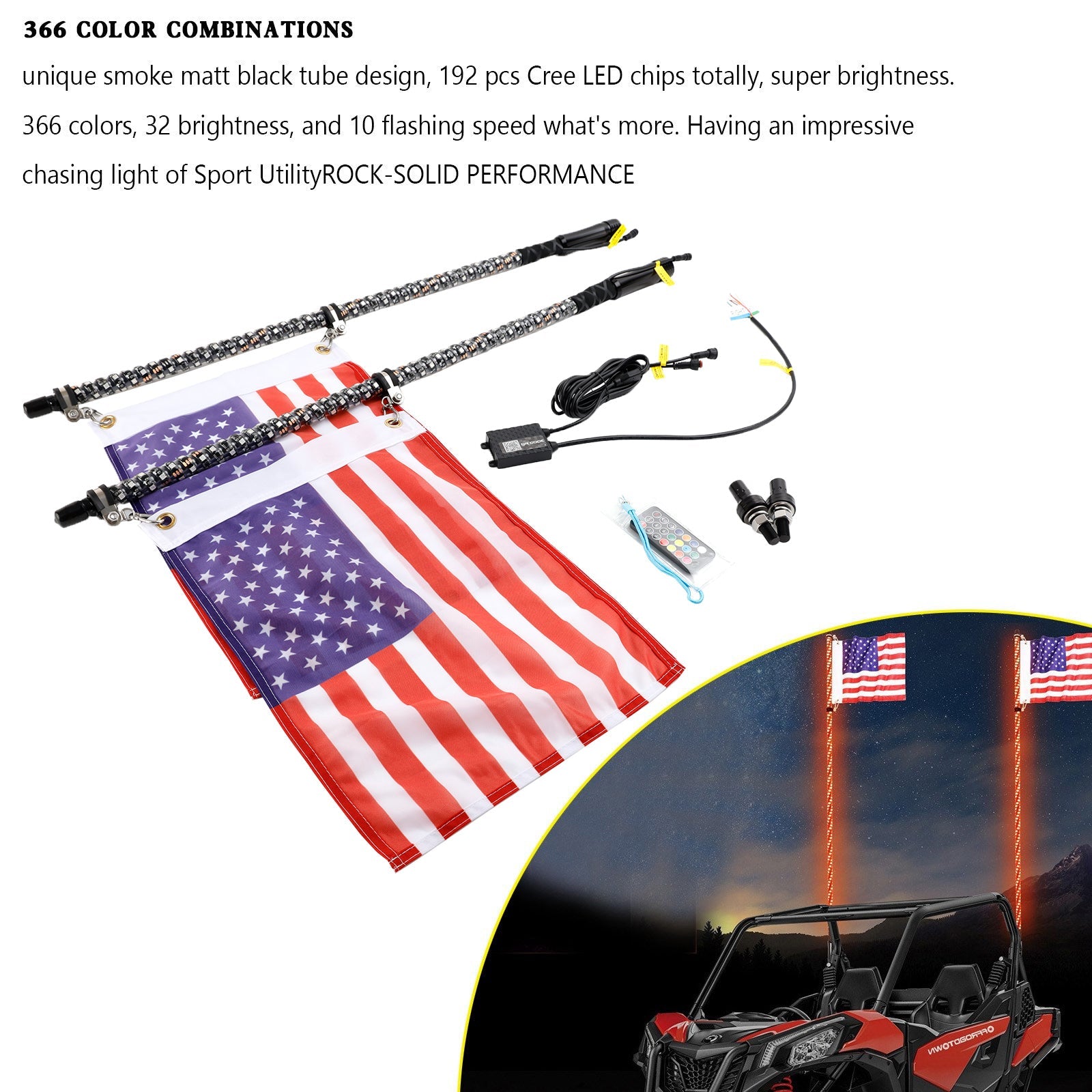 Ford F150 F250 F350 2X 3ft RGB LED Whip Lights Antenna W/ Flag Remote Control