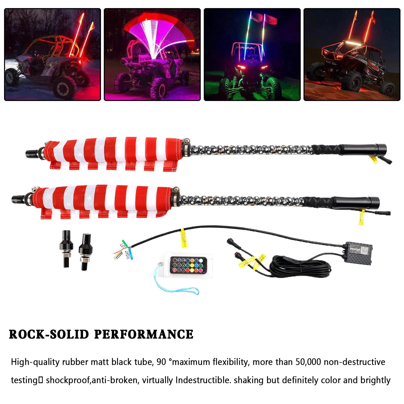 Pickup Wagon UTB Cab ATV SUV Jeep Truck Boat Bus 2X 3ft RGB LED Whip Lights Antenna W/ Flag Remote Control