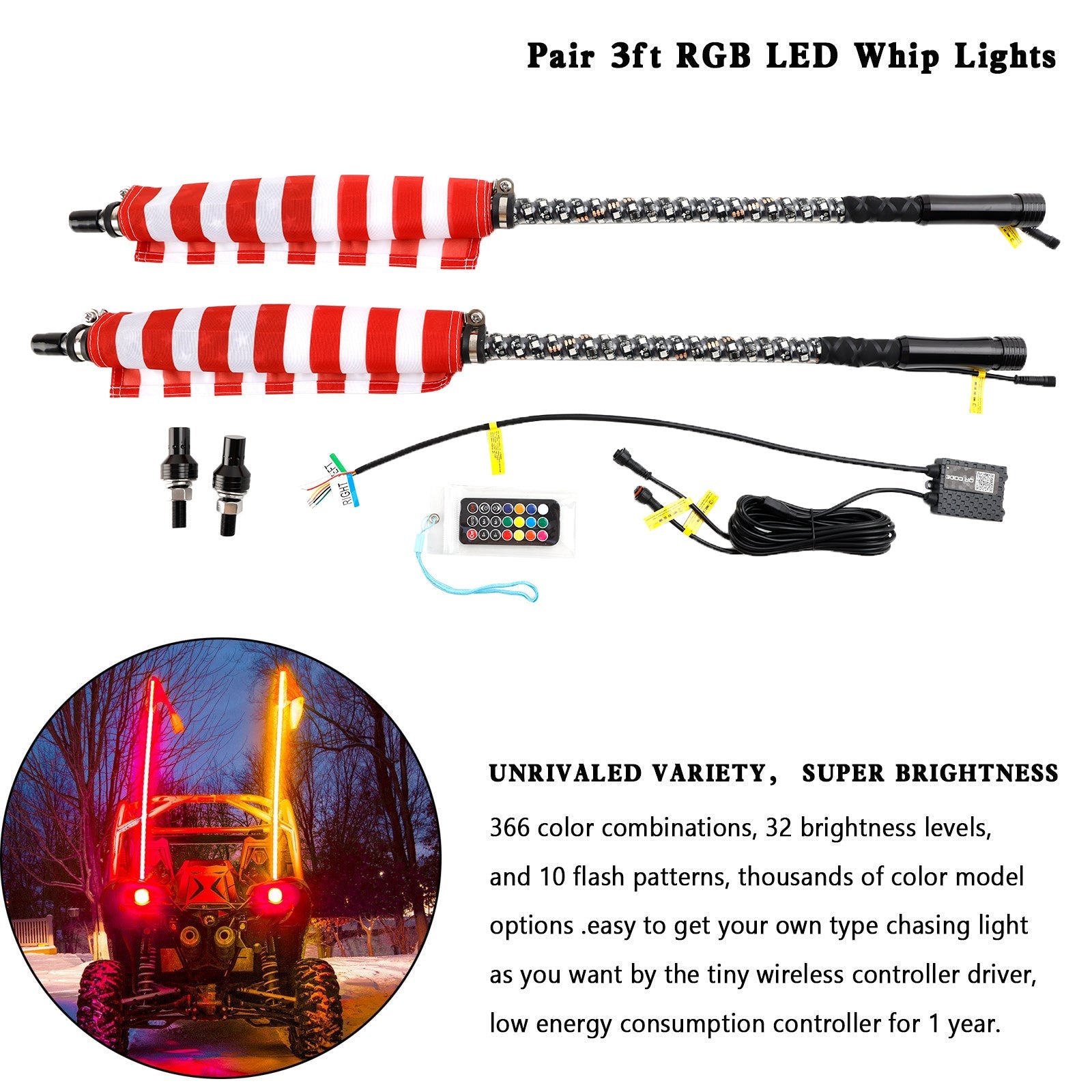 Sport Utility 4WD 4X4 Mining Marine Car excavator 2X 3ft RGB LED Whip Lights Antenna W/ Flag Remote Control