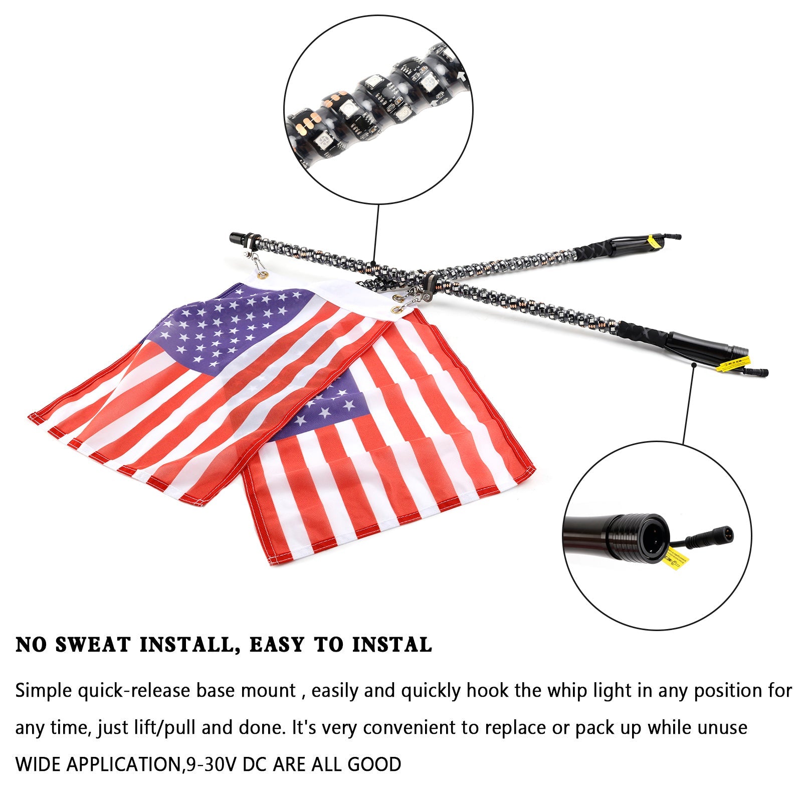 Polaris RZR XP1K RZR 1000 RZR 900. 2X 3ft RGB LED Whip Lights Antenna W/ Flag Remote Control