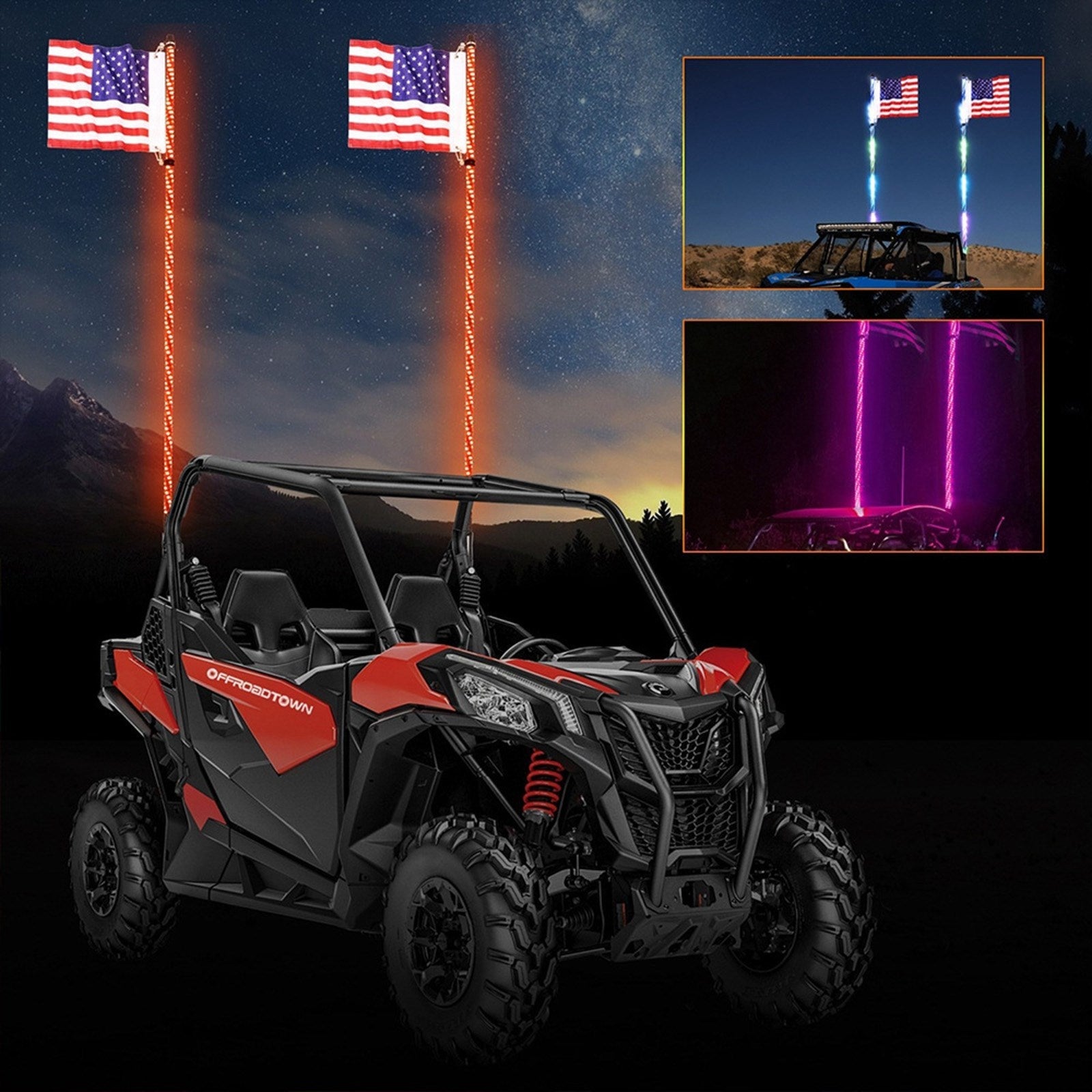 Sport Utility 4WD 4X4 Mining Marine Car excavator 2X 3ft RGB LED Whip Lights Antenna W/ Flag Remote Control