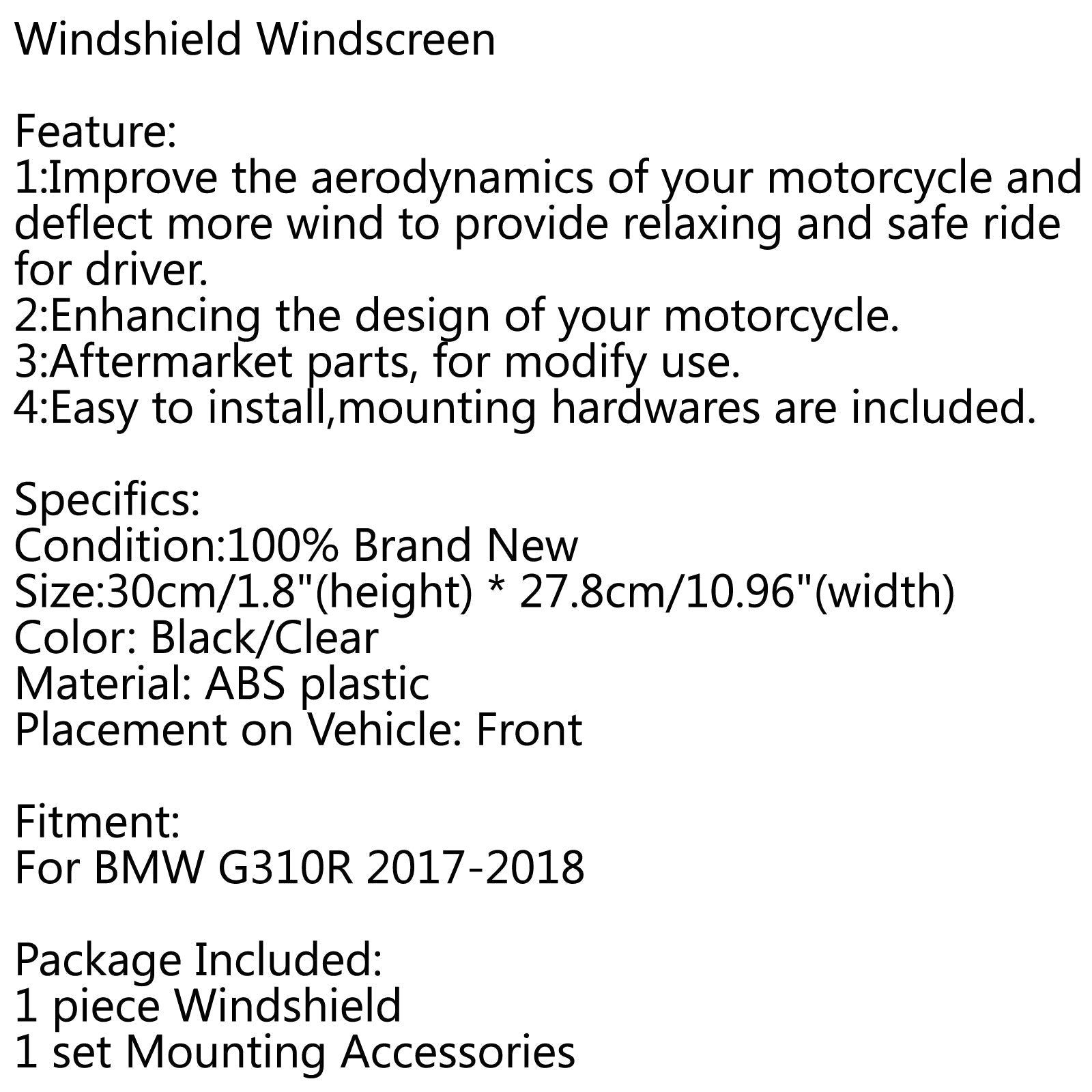 2017-2018 BMW G310R New Motobike ABS Plastic Windshield Windscreen Generic