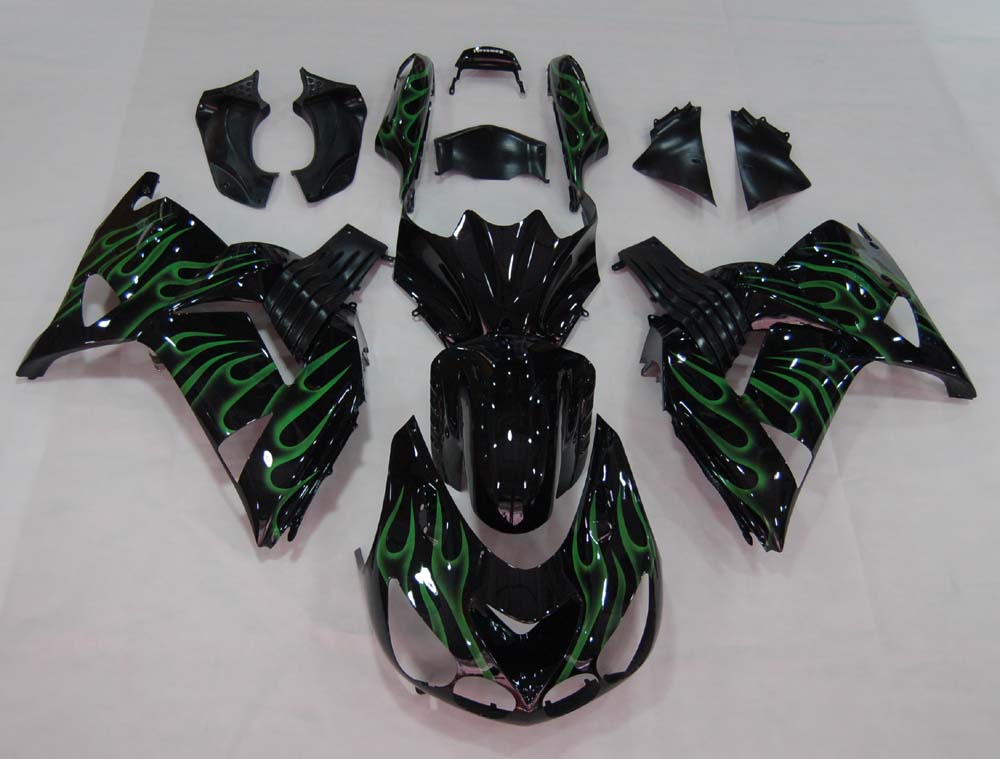 2006-2010 Kawasaki ZX14R Amotopart Fairings Black & Green Flame Ninja Racing