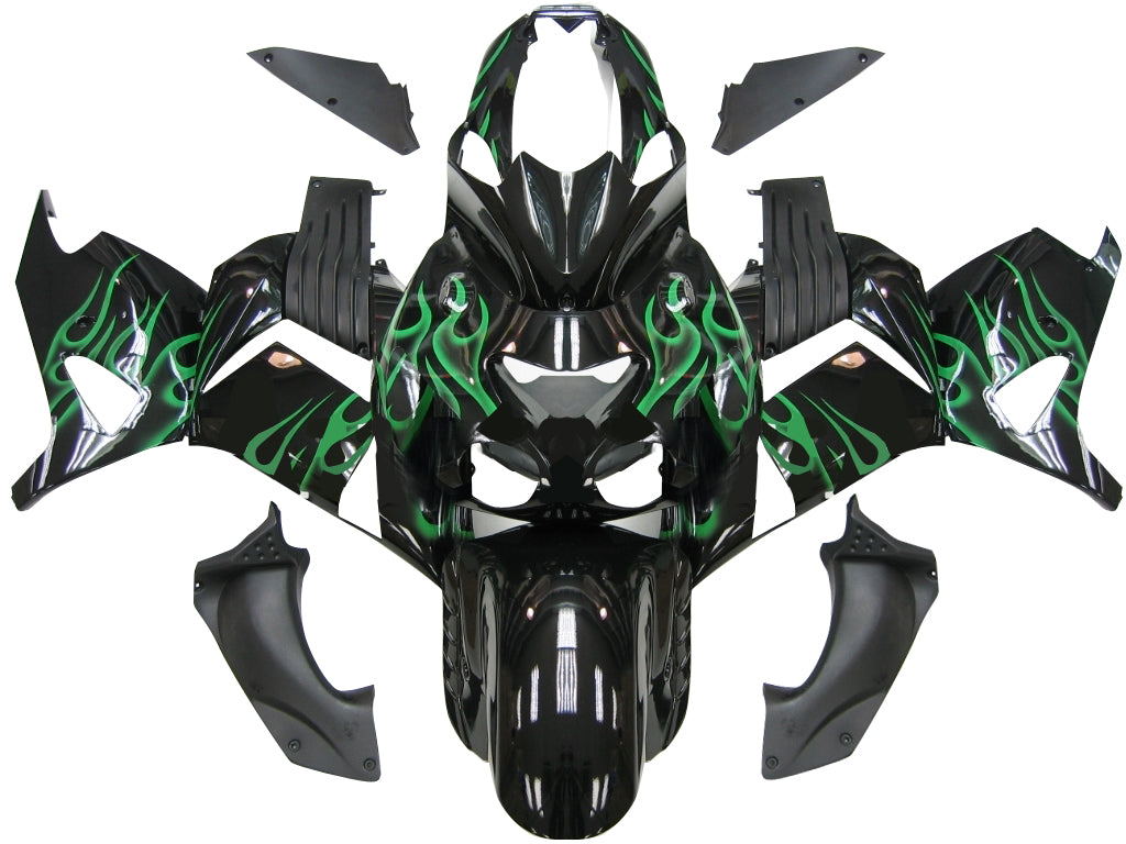 2006-2011 Ninja ZX14R Black & Green Flame Bodywork Fairing ABS Injection Molded Plastics Set 10# Generic