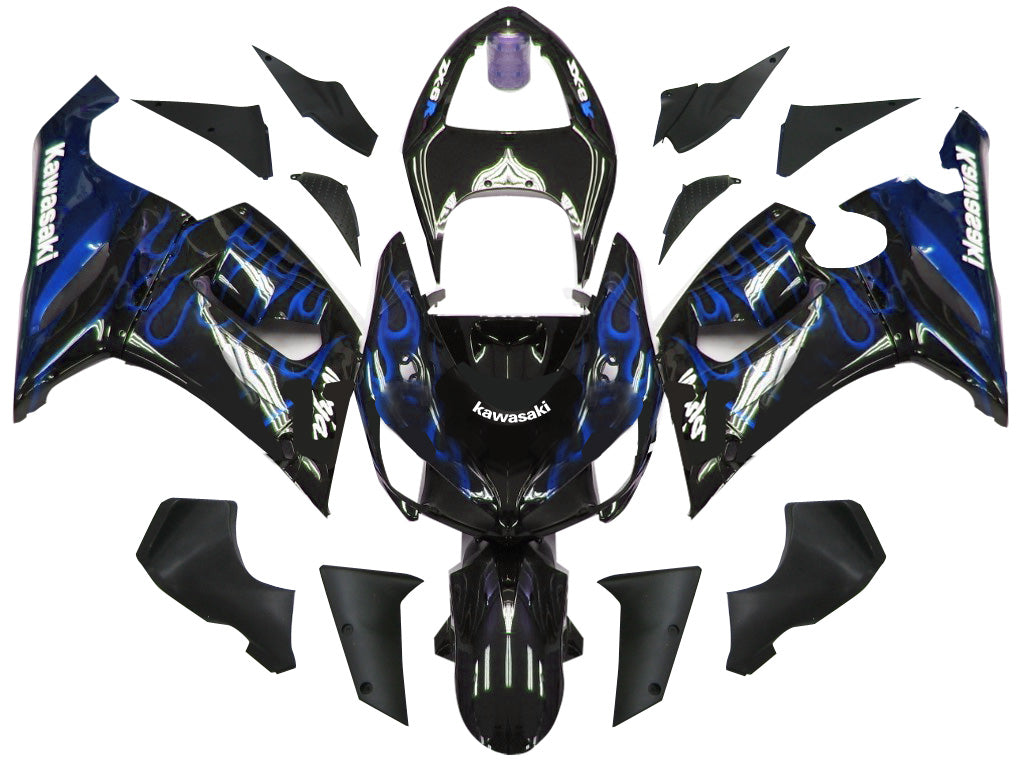 2005-2006 Kawasaki ZX6R 636 Fairings Black & Blue Flame Ninja Racing Generic