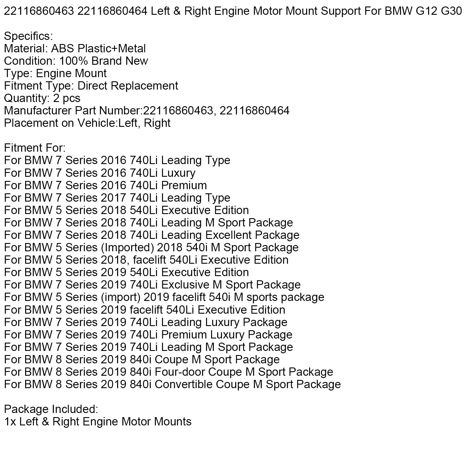 2018 BMW 5 Series (Imported) 540i M Sport Package Left & Right Engine Motor Mount Support 22116860463 22116860464