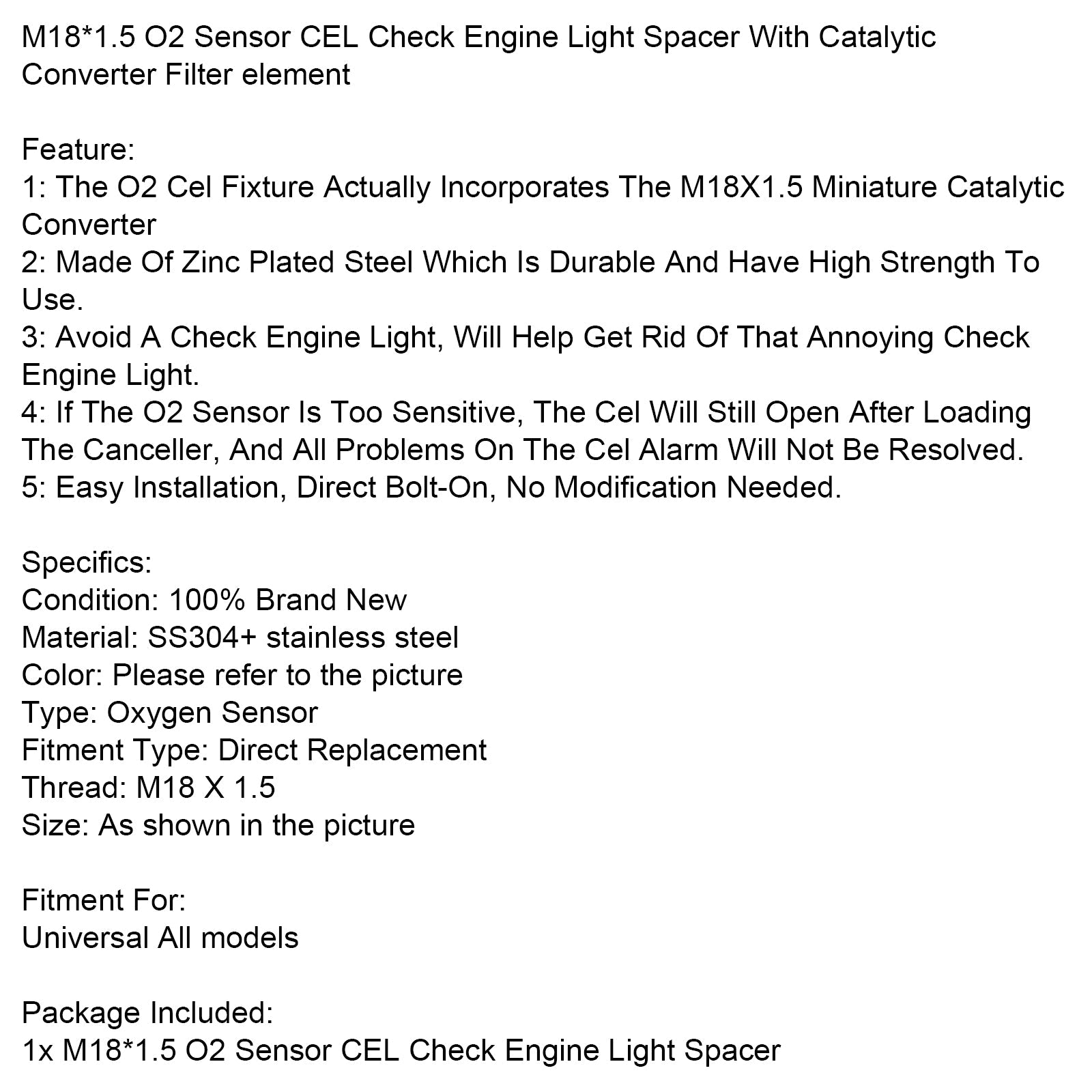 M18*1.5 O2 Sensor CEL Check Engine Light Spacer W/Catalytic Converter
