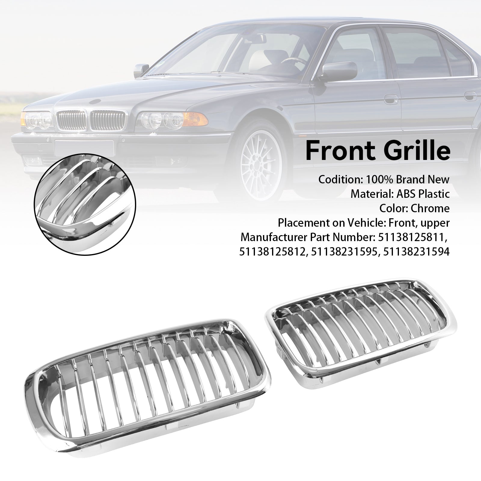 BMW 7 Series E38 1994-2001 Chrome Front Kidney Grill Grille 2PCS