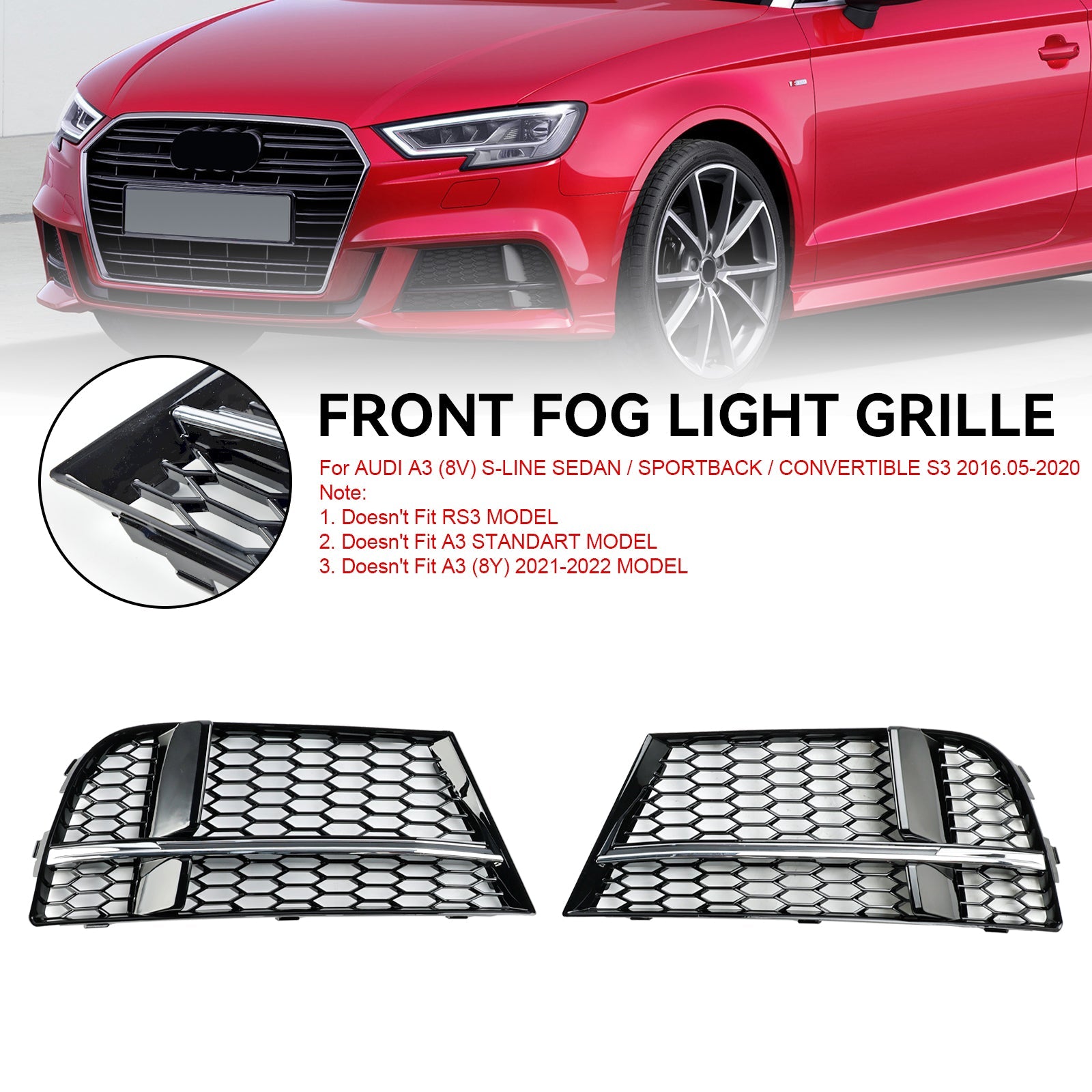 2017-2019 AUDI A3 S-LINE 8V Front Fog Light Cover Bezel Grill Grille 8V3807681AE 8V3807682Q