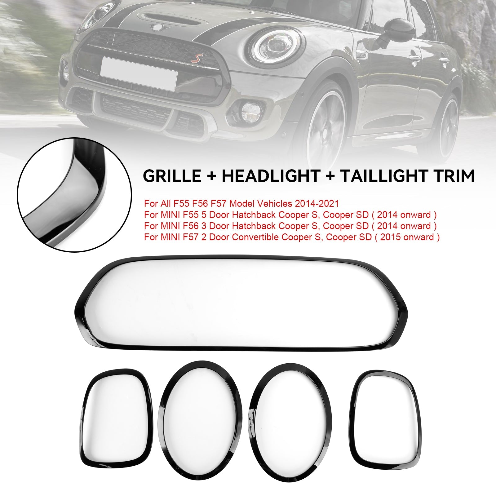 2014-2021 Mini Cooper F55 F56 F57 Black Grill + Headlight + Taillight Trim 51137449207 Generic