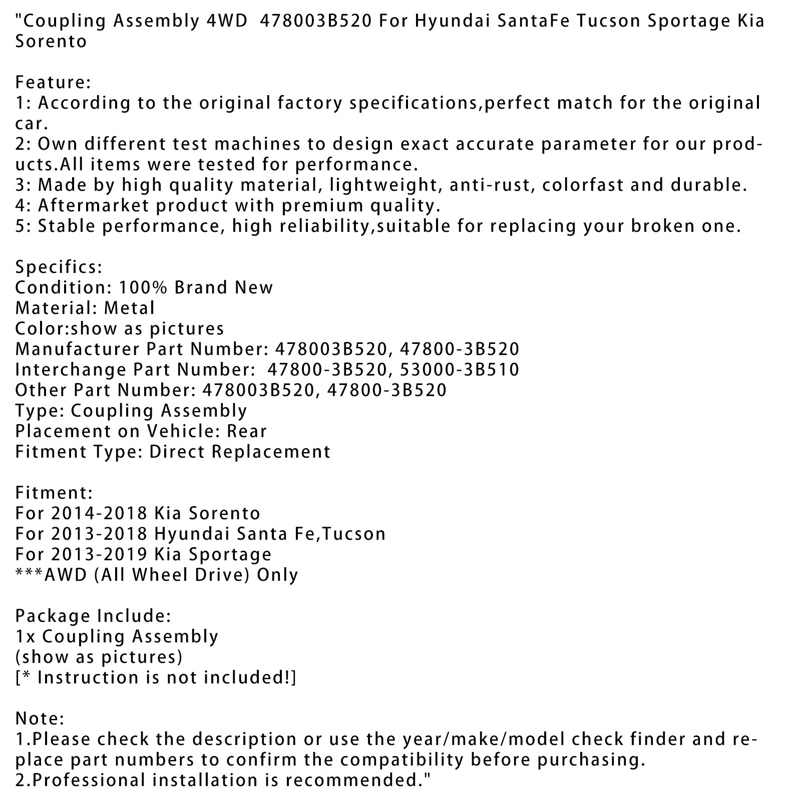 2014-2018 Kia Sorento Coupling Assembly 4WD 478003B520