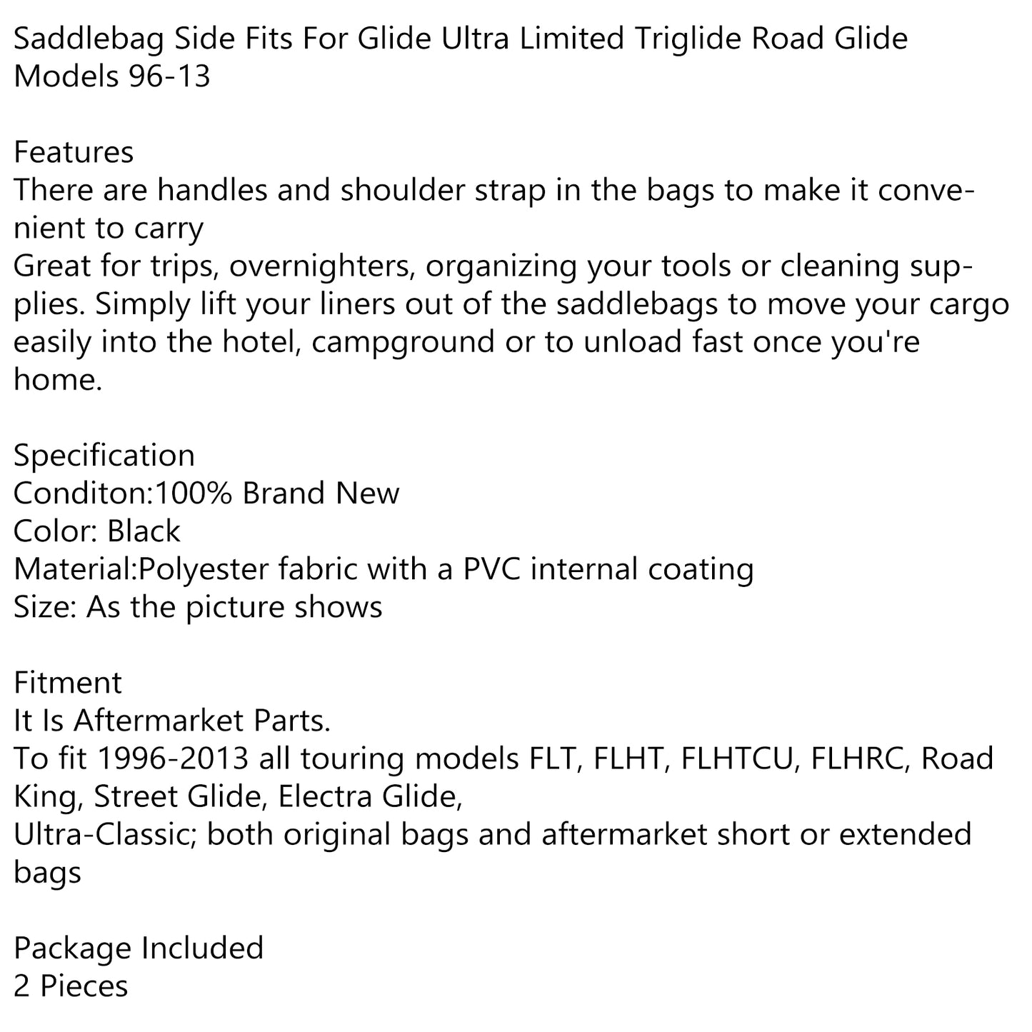 96-13 Glide Limited Triglide Road Glide Models 2Pcs Saddlebag Bags