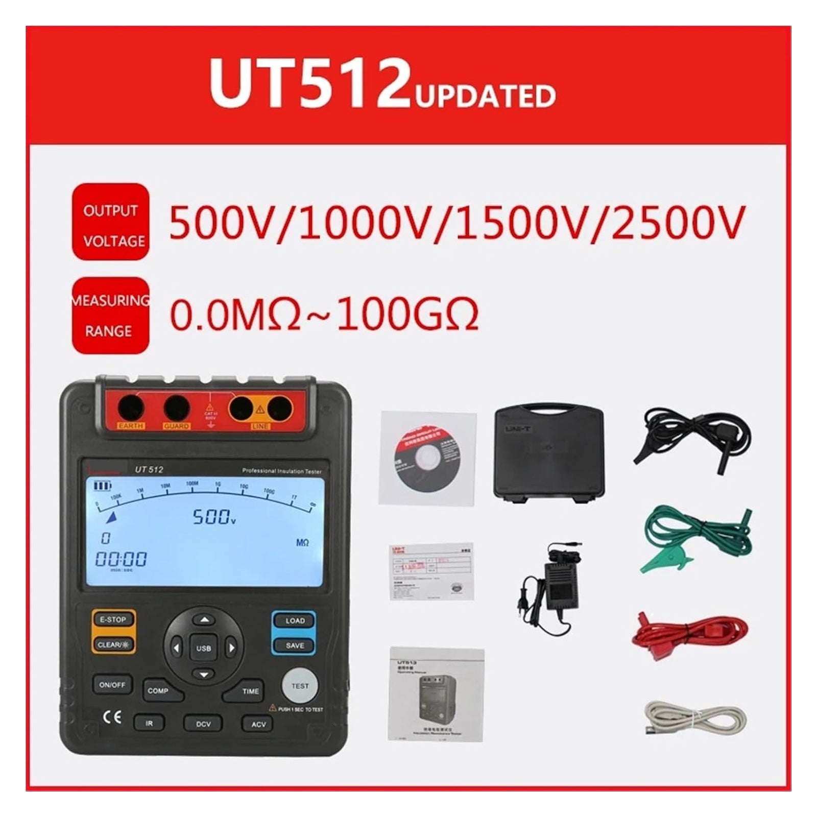 UT512 Insulation Resistance Testers Voltmeter Auto Range 2500V 100GΩ