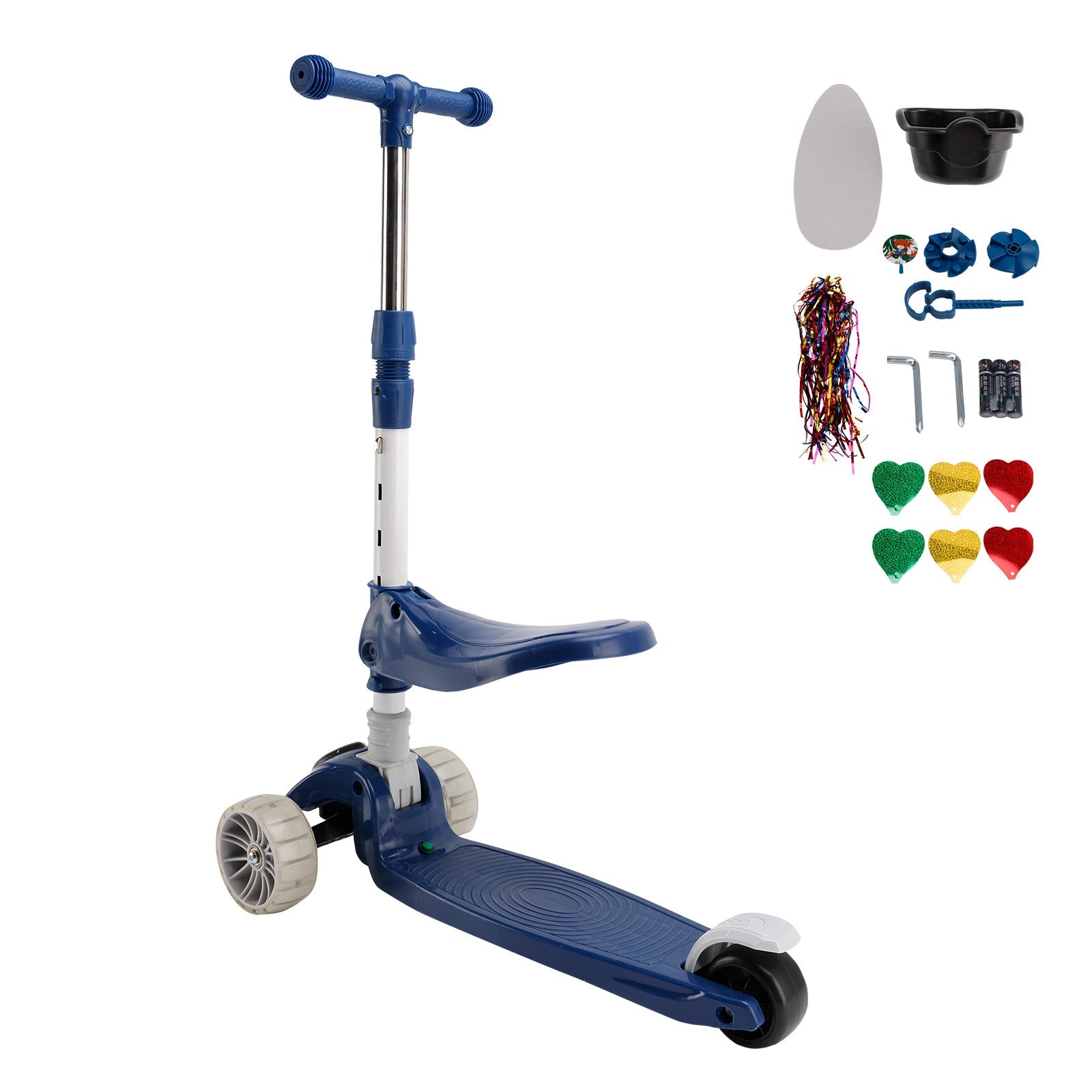 2-in-1 Kids Scooter Foldable Seat Light 3 Wheel Adjustable Folding Bar Blue