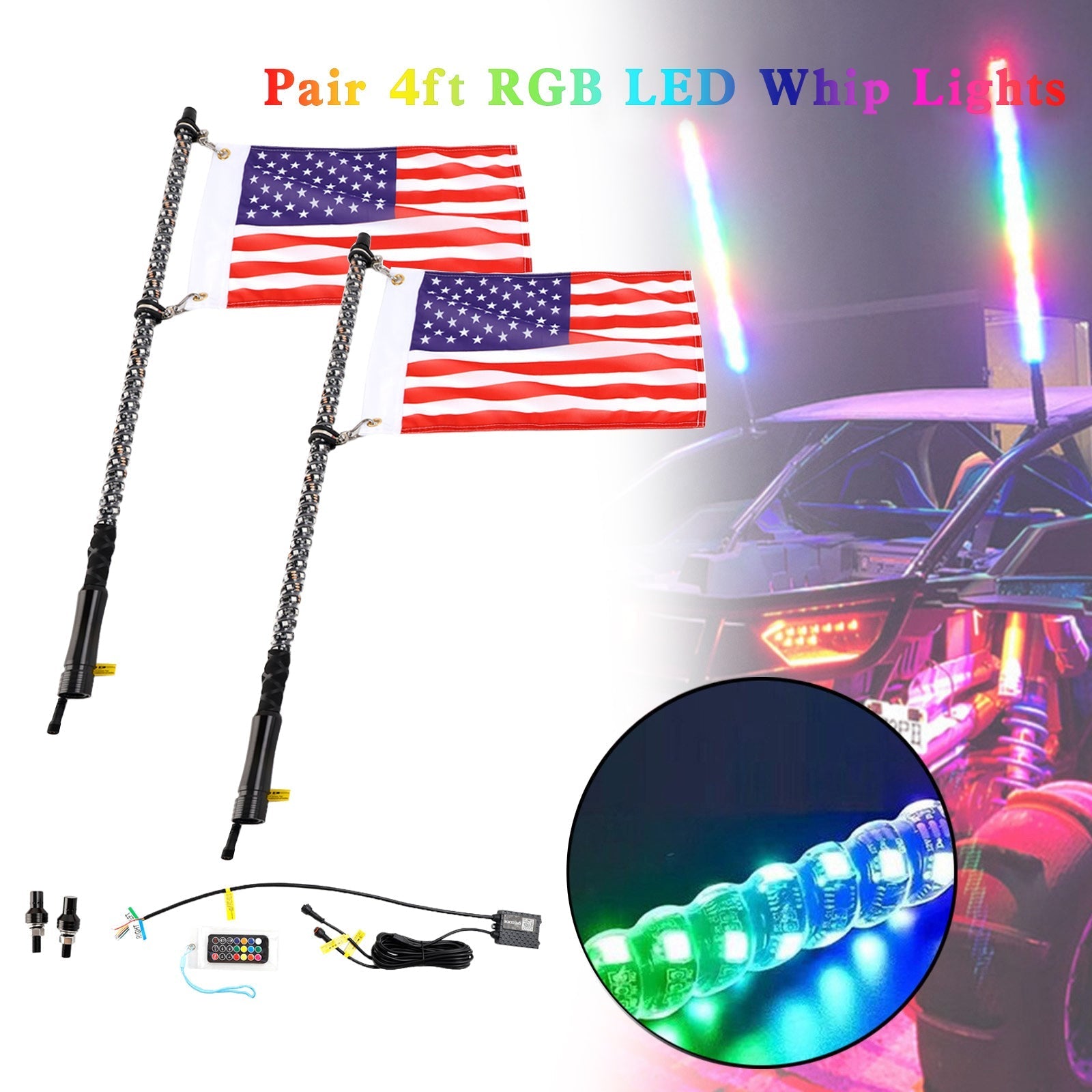 Sport Utility 4WD 4X4 Mining Marine Car excavator 2X 4ft RGB LED APP Whip Lights Antenna W/ Flag Remote Control Generic