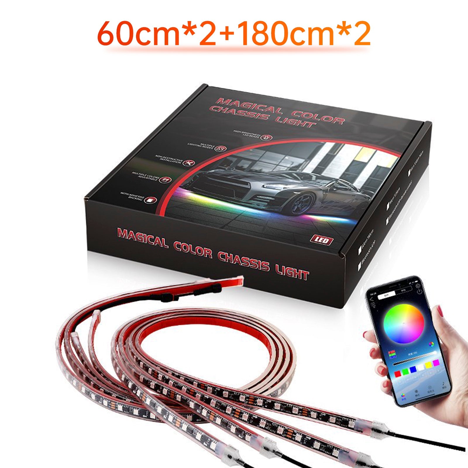 4Pcs LED Chassis Light Modified With Fantasy Ambient Light APP Controller 60cm*2+180cm*2