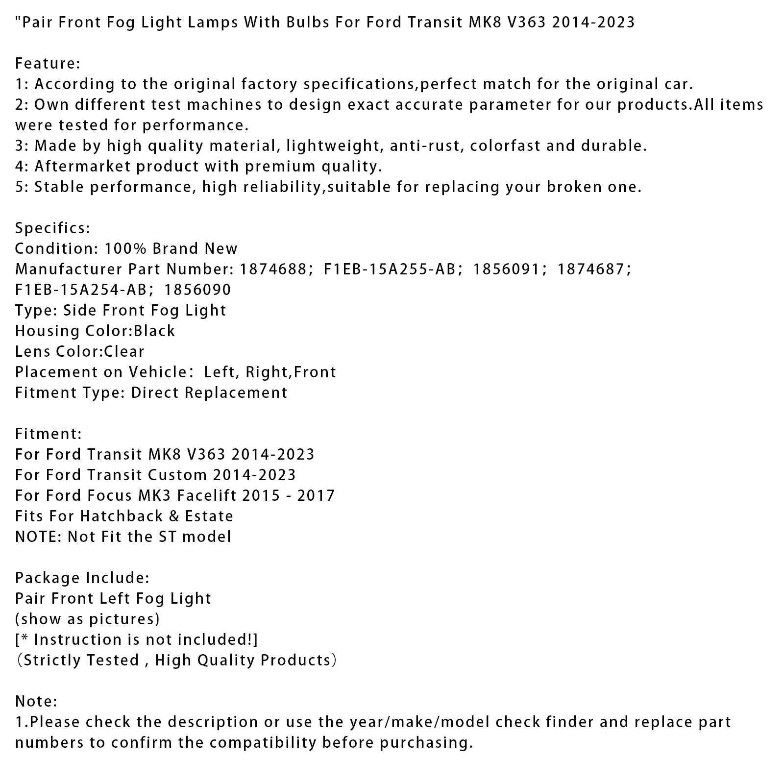 2014-2023 Ford Transit Custom Pair Front Fog Light Lamps With Bulbs 1874688 F1EB-15A255-AB