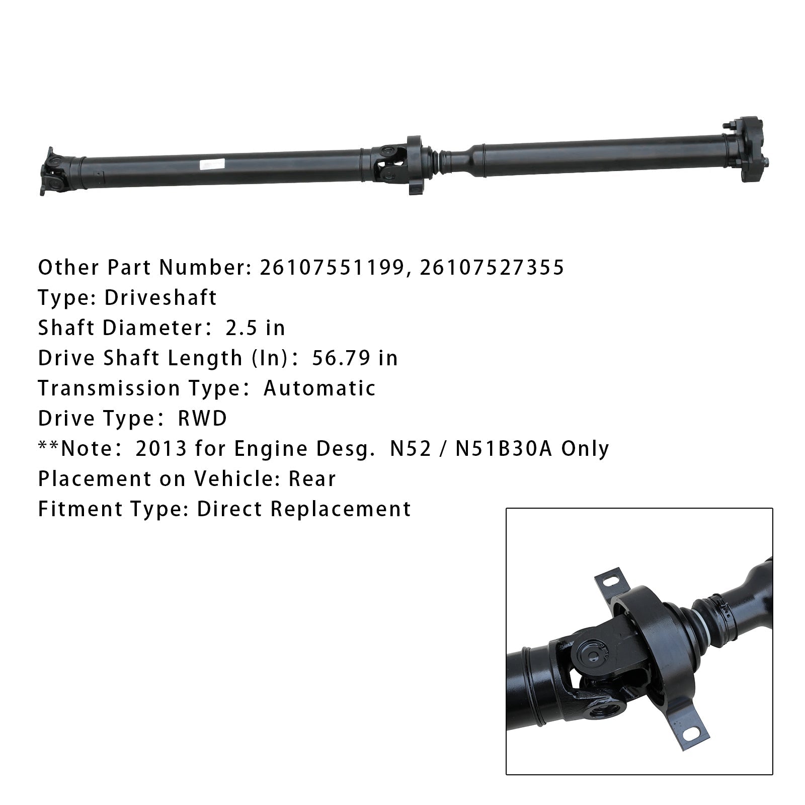 2007-2013 BMW 328i E90 L6&3.0L Rear Auto&Trans RWD Rear Drive Shaft Assembly 26107551199 26107551199
