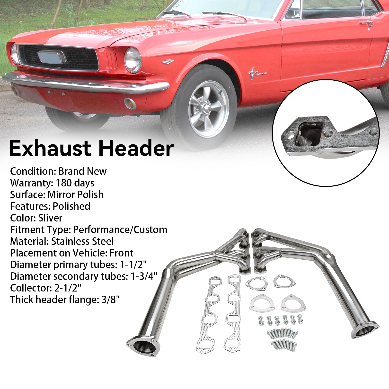 1964-1970 Ford Mustang 260/289/302/351W V8 Manifold Header V8 Tri-y Header Stainless Steel Generic