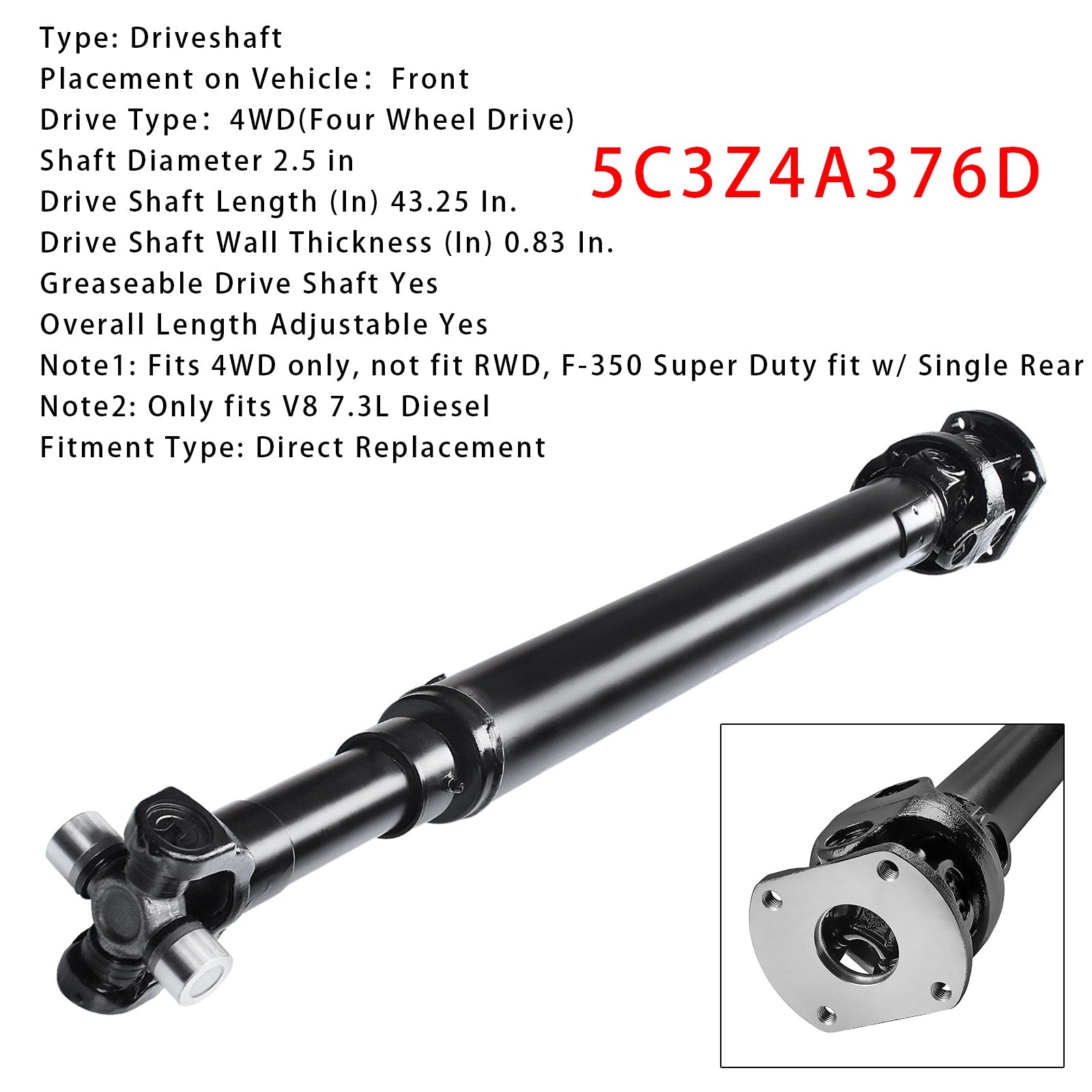 2000 Ford Excursion V8 7.3L Diesel Front From 10/99 Front Driveshaft Assembly 5C3Z4A376D F81Z4A376MA