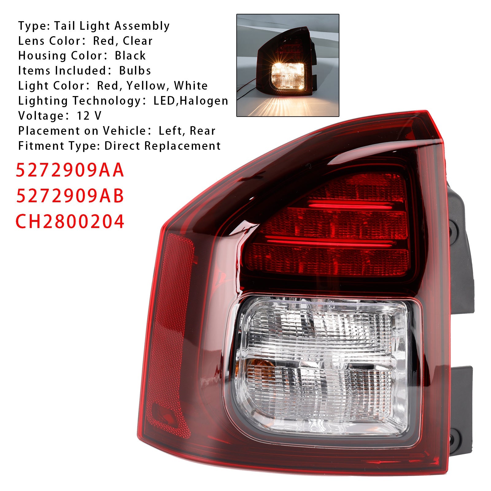 2014-2017 Jeep Compass Left Rear Tail Light Rear Lamp Assembly