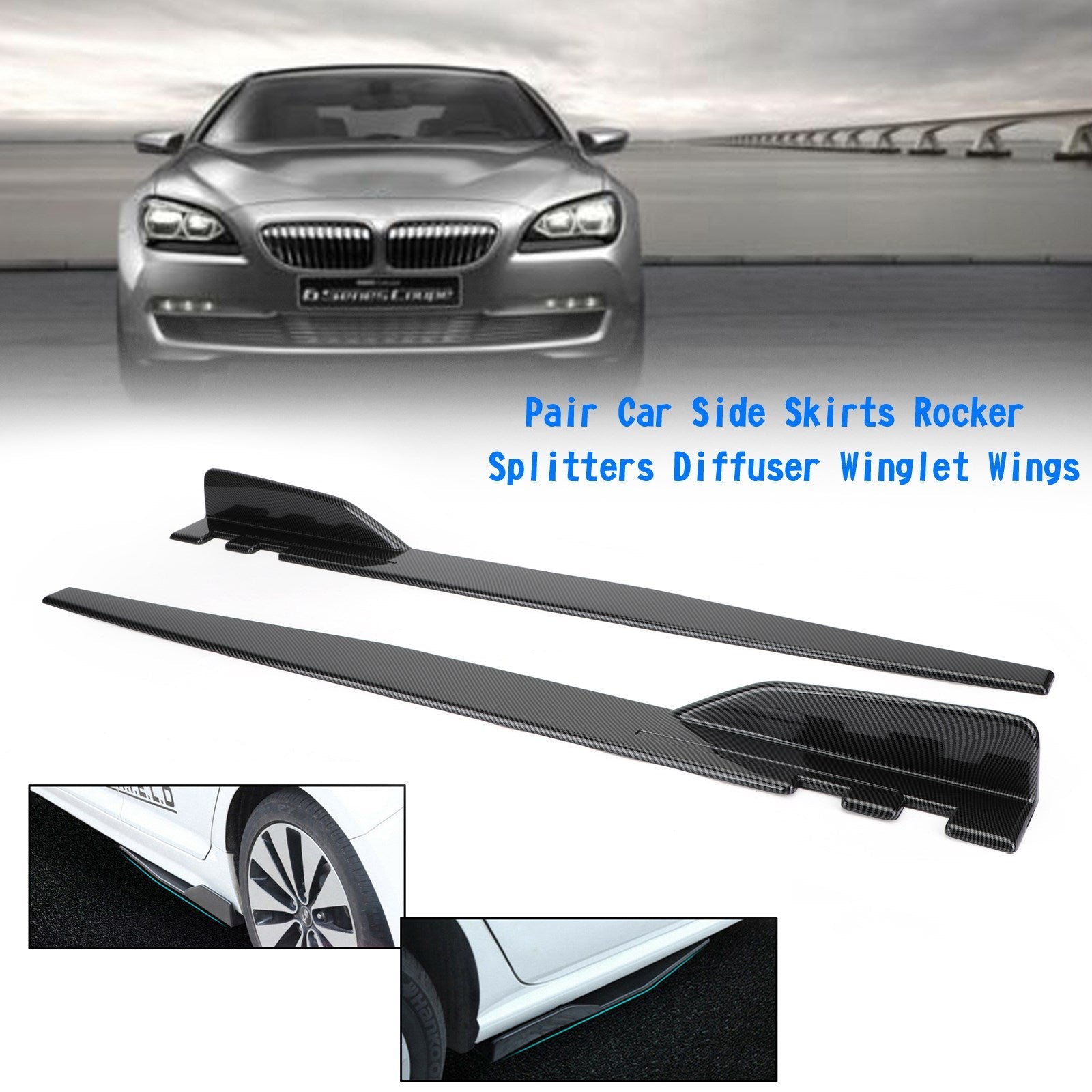 Pair 120cm Car Carbon Fiber Side Skirts Rocker Splitters Diffuser Winglet Wings