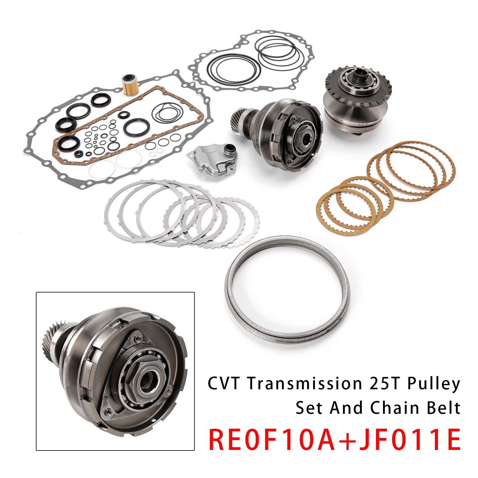 2010- For Nissan Quest (6 cyl.) 3.5 Lt., Nissan El Grand Transmission CVT Pulley 25T W/Belt+Chain & Rebuild Kit RE0F10A JF011E