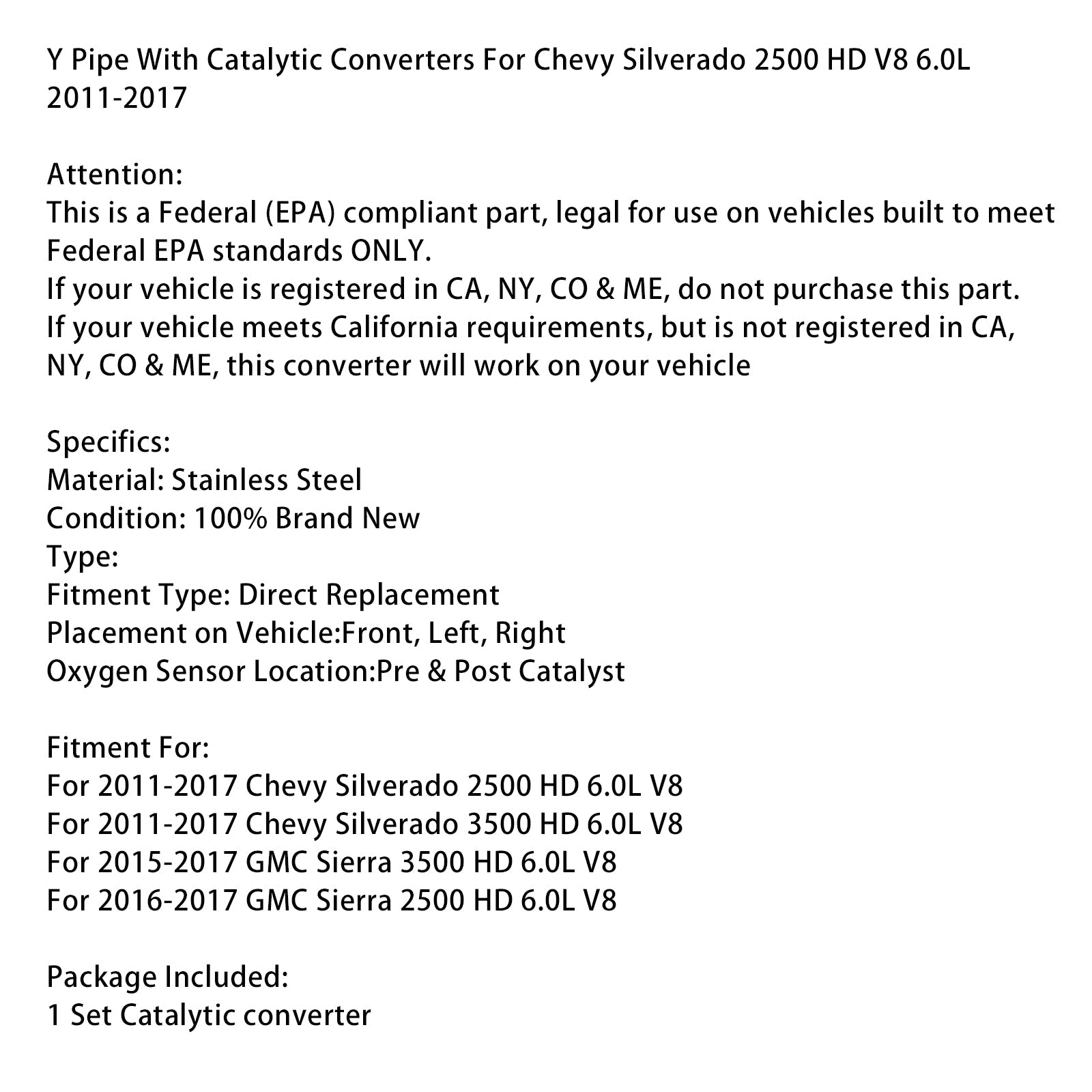 2016-2017 GMC Sierra 2500 HD 6.0L V8 Y Pipe With Catalytic Converters
