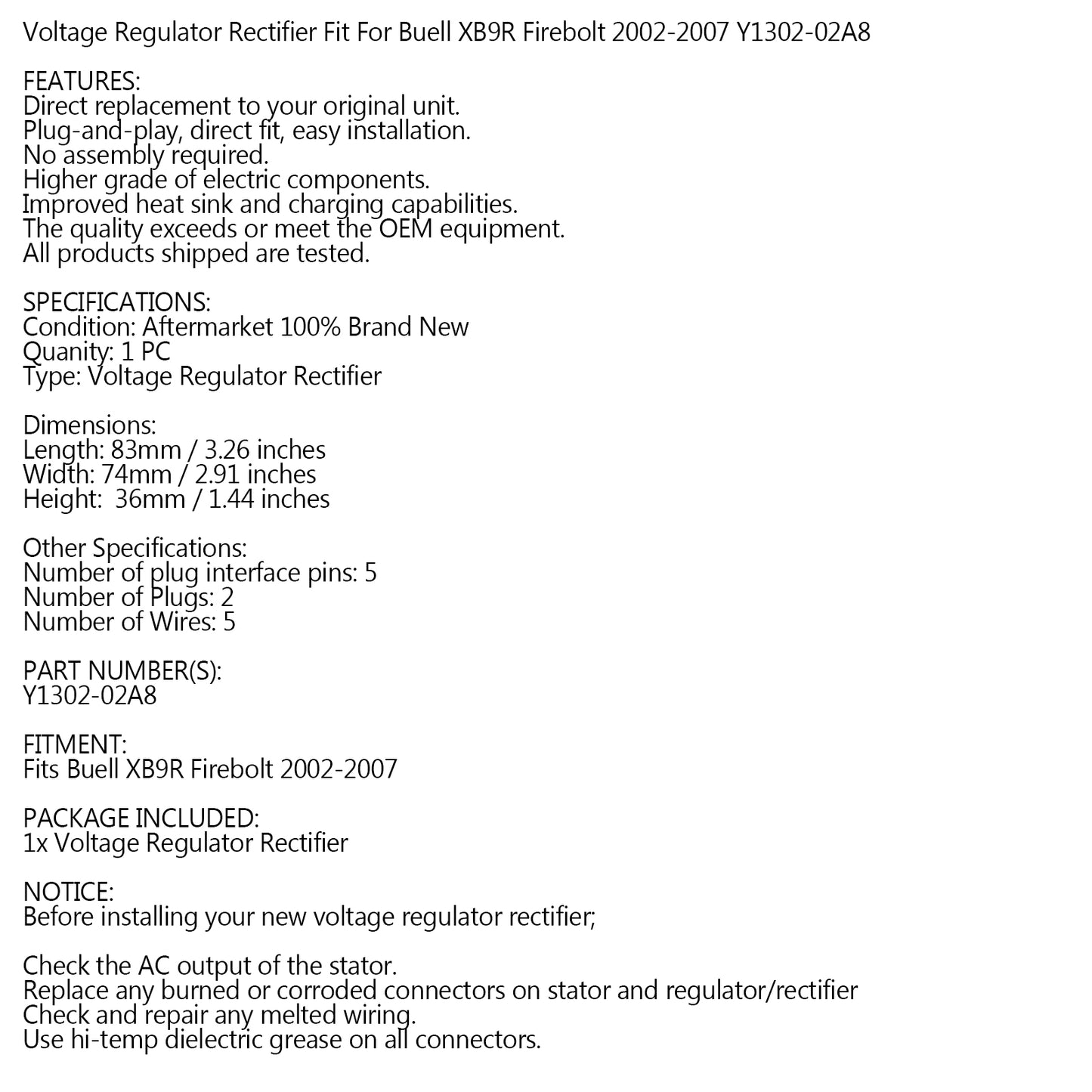 02-07 Buell XB9R Firebolt Voltage Regulator Rectifier P/N.Y1302-02A8