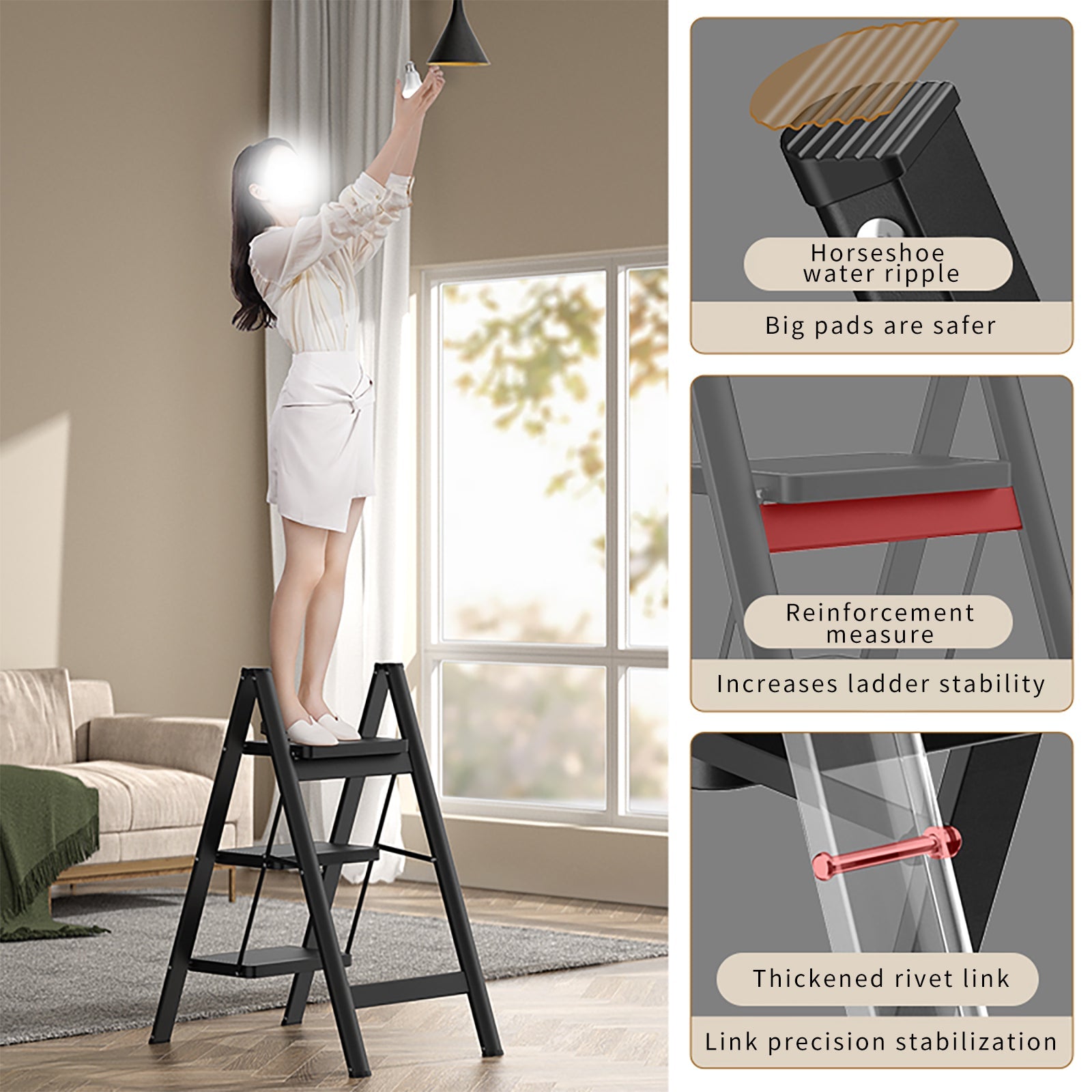 Lightweight 3 Step Ladder, Foldable with Wide Pedals, Compact Storage, 150kg Load Capacity