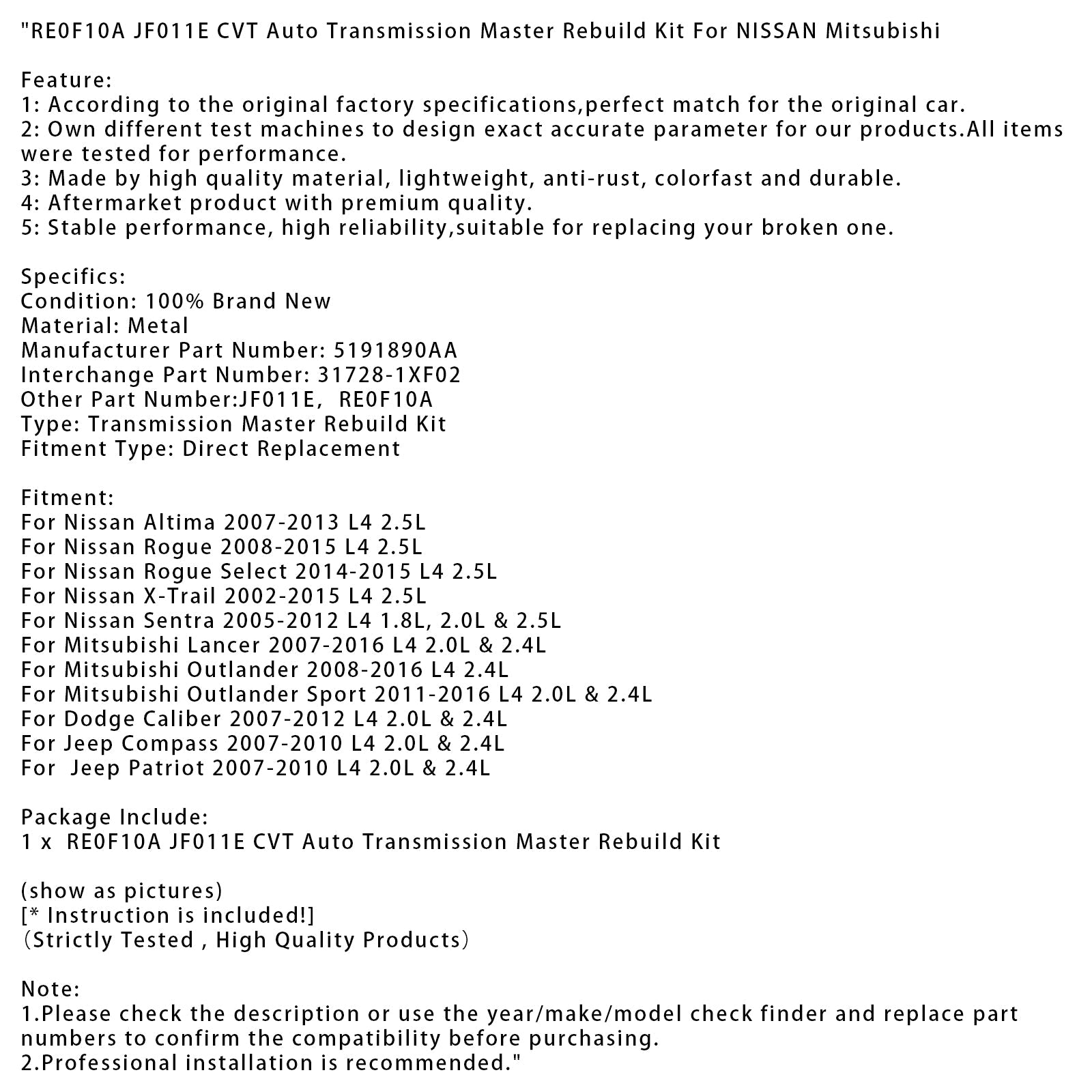 2014-2015 Nissan Rogue Select L4 2.5L CVT Auto Transmission Master Rebuild Kit RE0F10A JF011E 5191890AA
