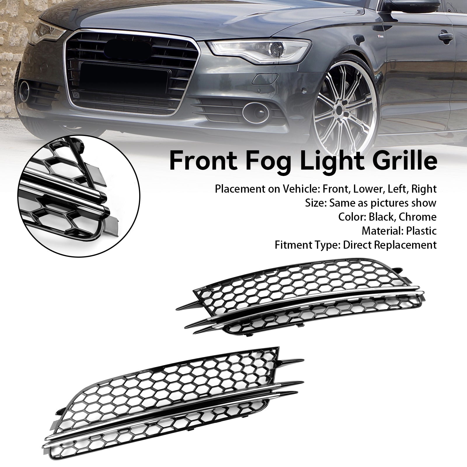 2012-2015 Audi A6 4G C7 2PCS Front Fog Light Cover Bezel Bumper Grille